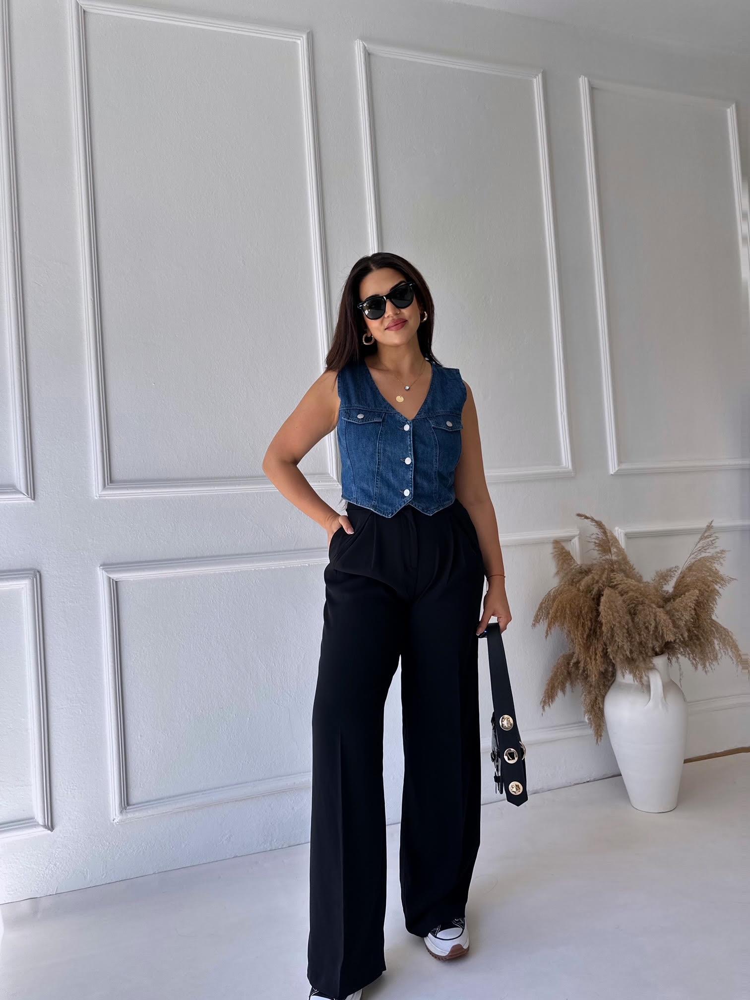 Premium Kalite Beli Lastikli Çift Düğmeli Siyah Palazzo Pantolon