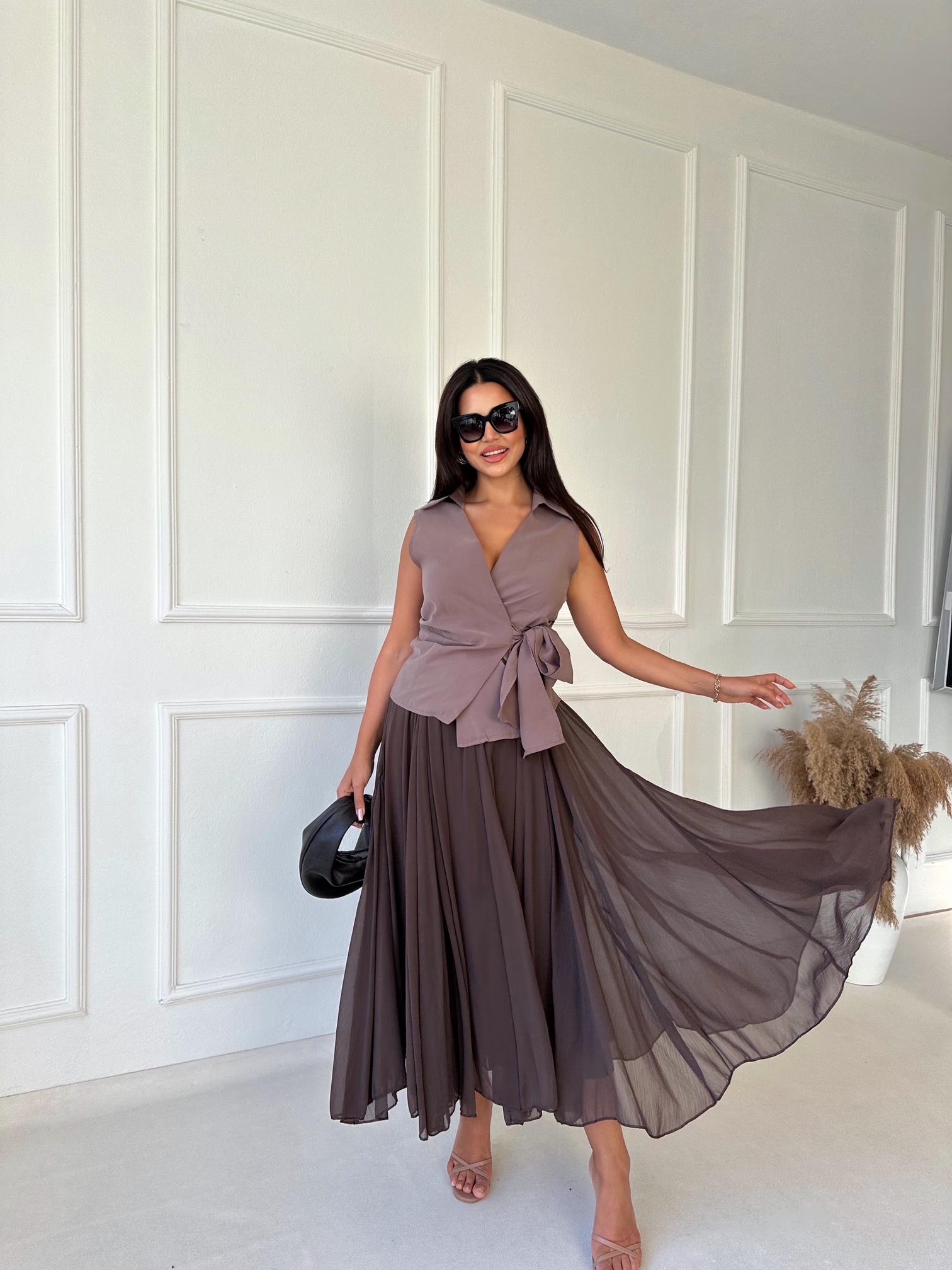 Premium Kalite Beli Lastikli Kahve Şifon Midi Kloş Etek | Nora Butik