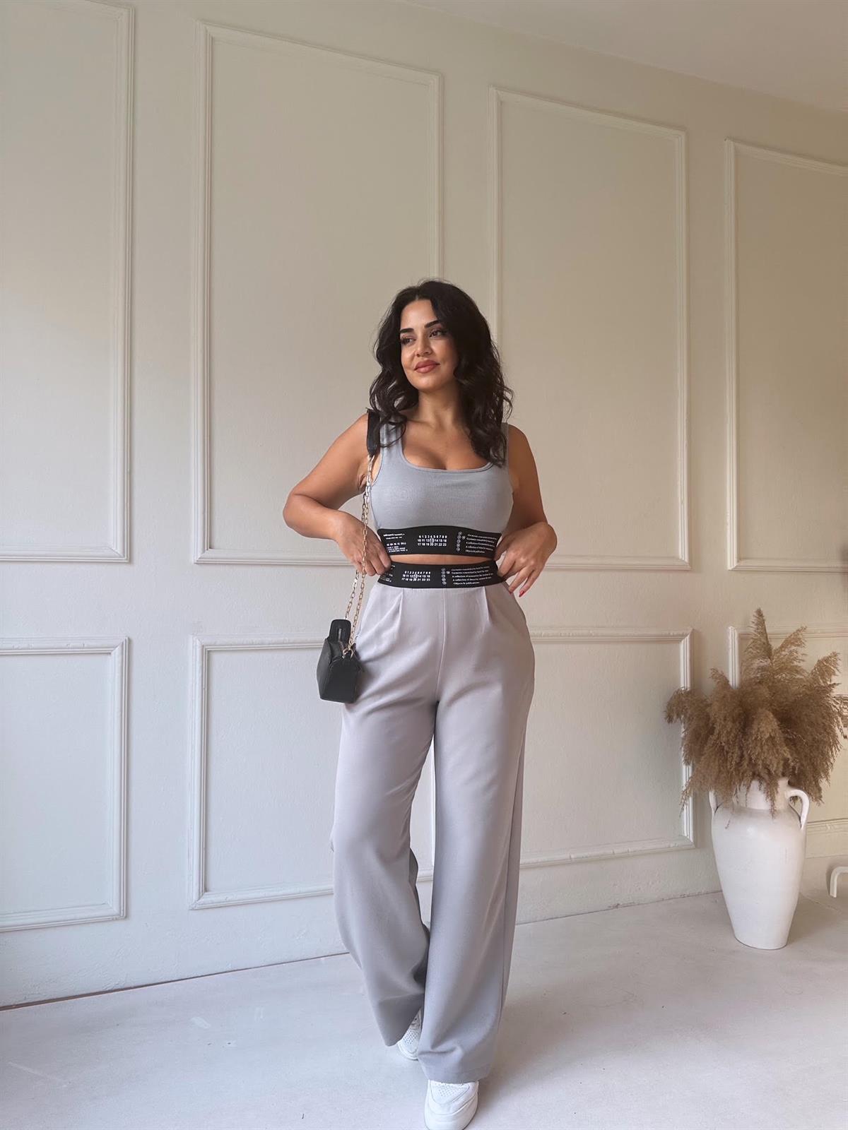 Premium Kalite Beli Lastikli Object Bol Paça Pantolon Gri