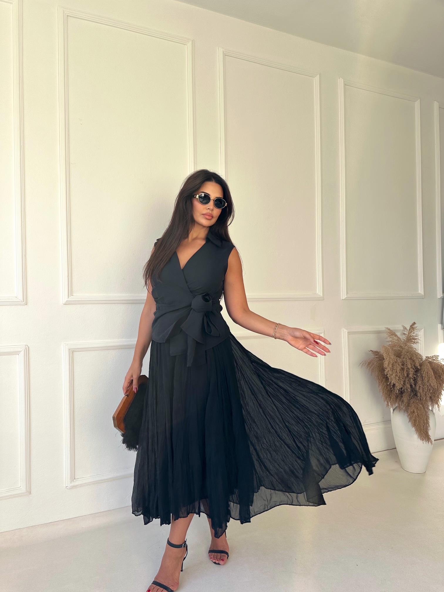 Premium Kalite Beli Lastikli Siyah Şifon Midi Kloş Etek | Nora Butik