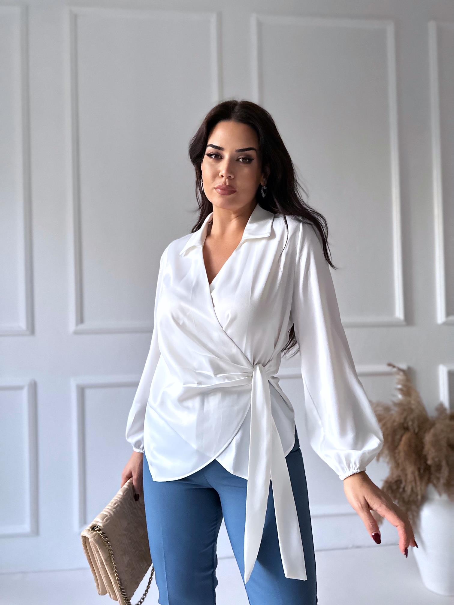 Premium Kalite Beyaz Saten Bağlamalı Kruvaze Bluz