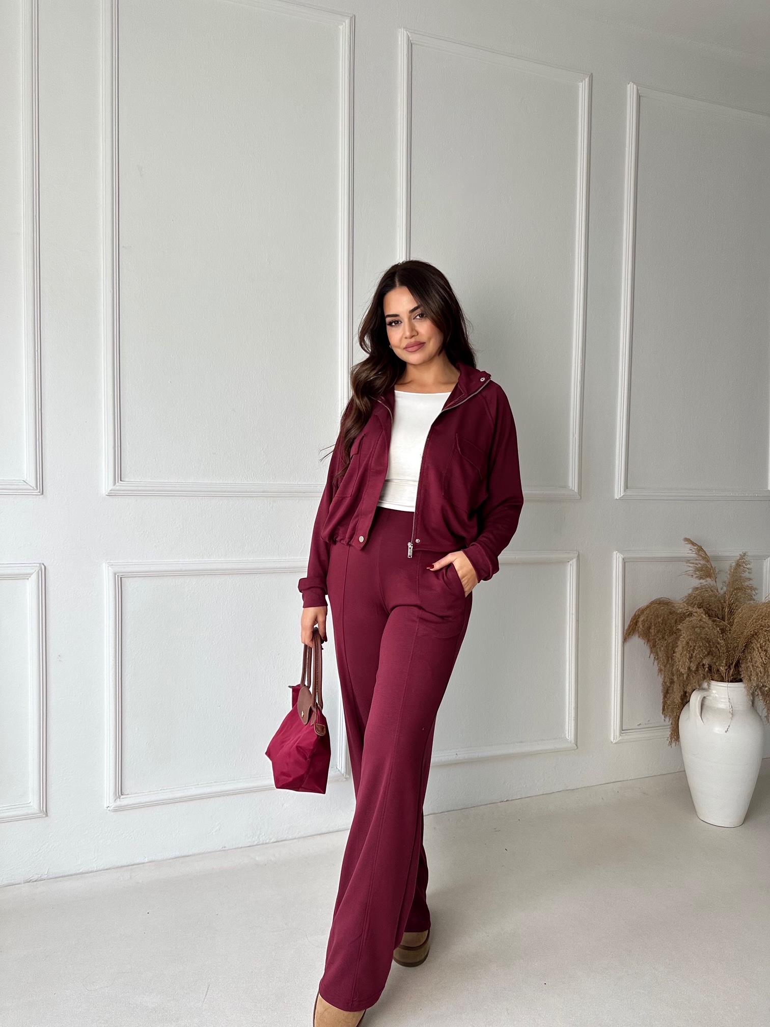 Premium Kalite Bomber Ceket & Bol Paça Pantolon Bordo Takım · 3