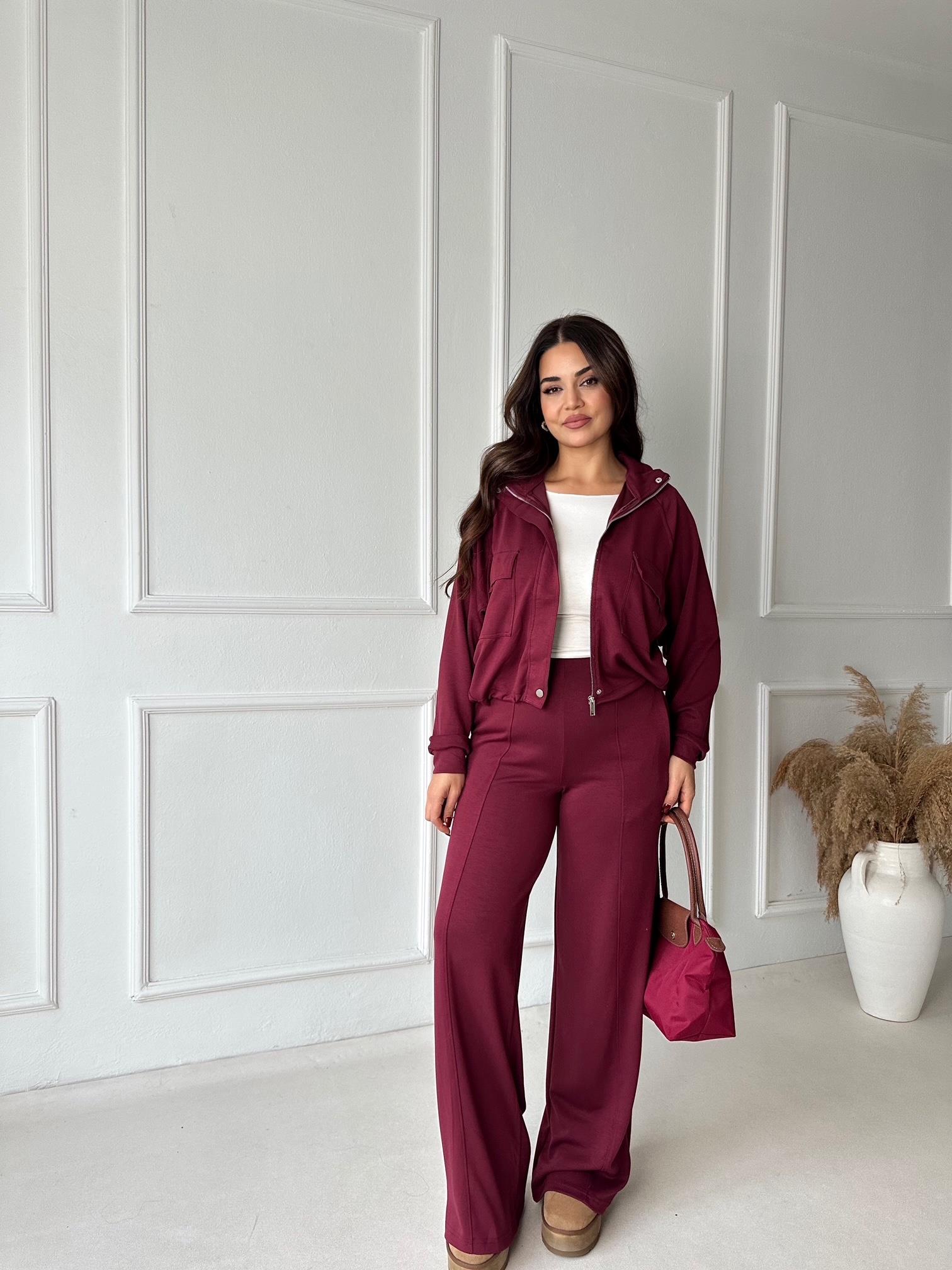 Premium Kalite Bomber Ceket & Bol Paça Pantolon Bordo Takım