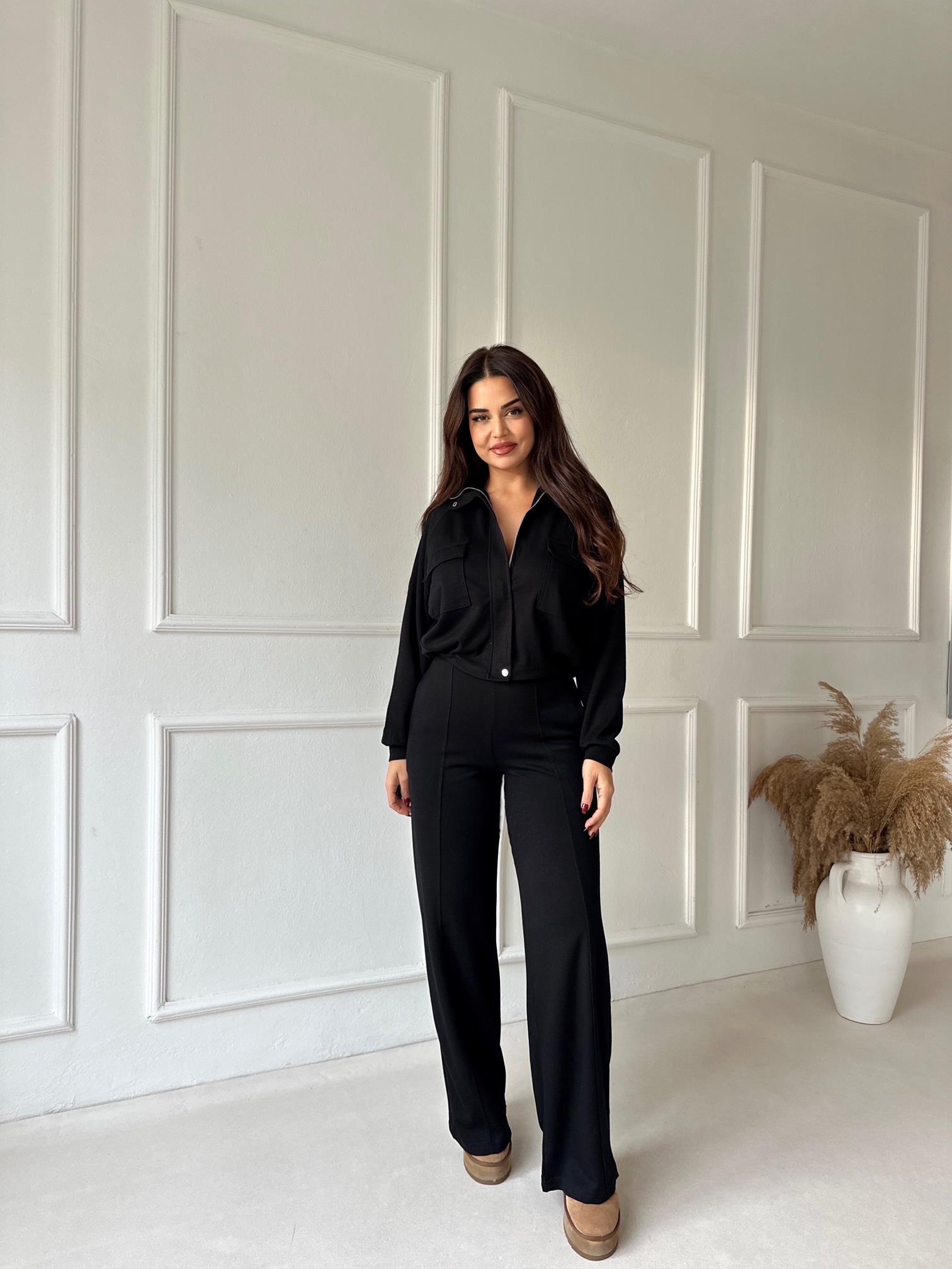 Premium Kalite Bomber Ceket & Bol Paça Pantolon Siyah Takım