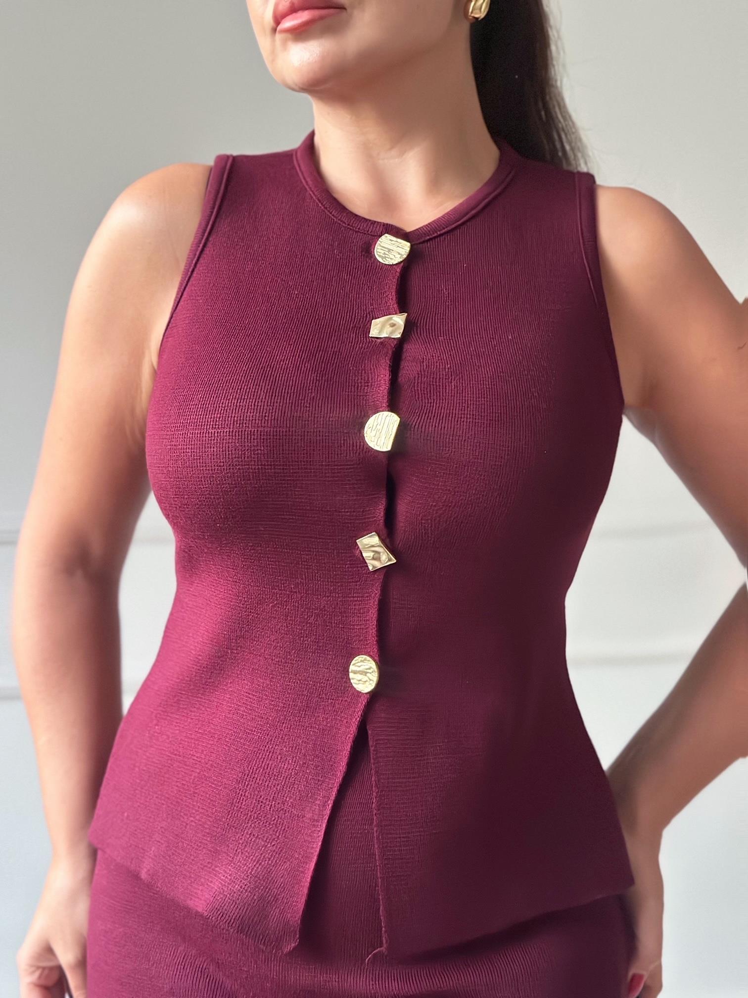 Premium Kalite Çelik Triko Düğmeli Yelek Ve Midi Etek Takım -bordo | Nora Butik · 9