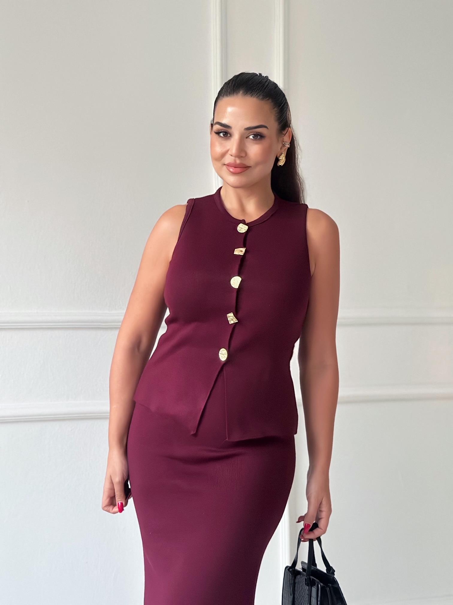 Premium Kalite Çelik Triko Düğmeli Yelek Ve Midi Etek Takım -bordo | Nora Butik · 6