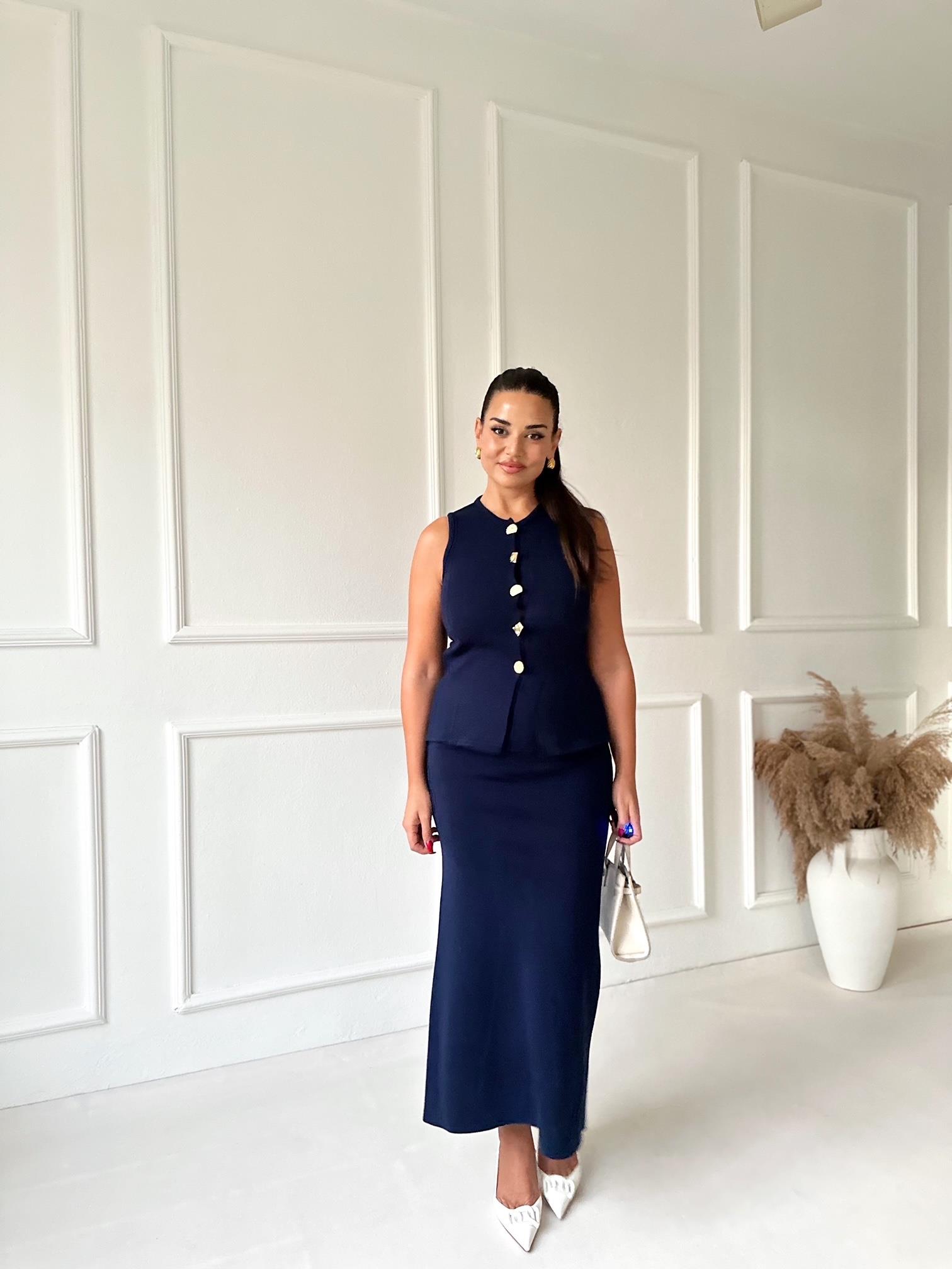 Premium Kalite Çelik Triko Düğmeli Yelek ve Midi Etek Takım - Lacivert