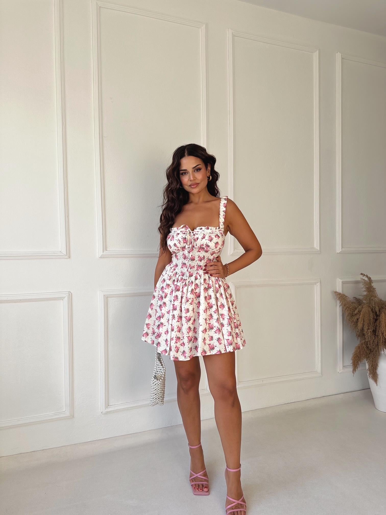 Premium Kalite Çiçek Desenli Korseli Mini Elbise 