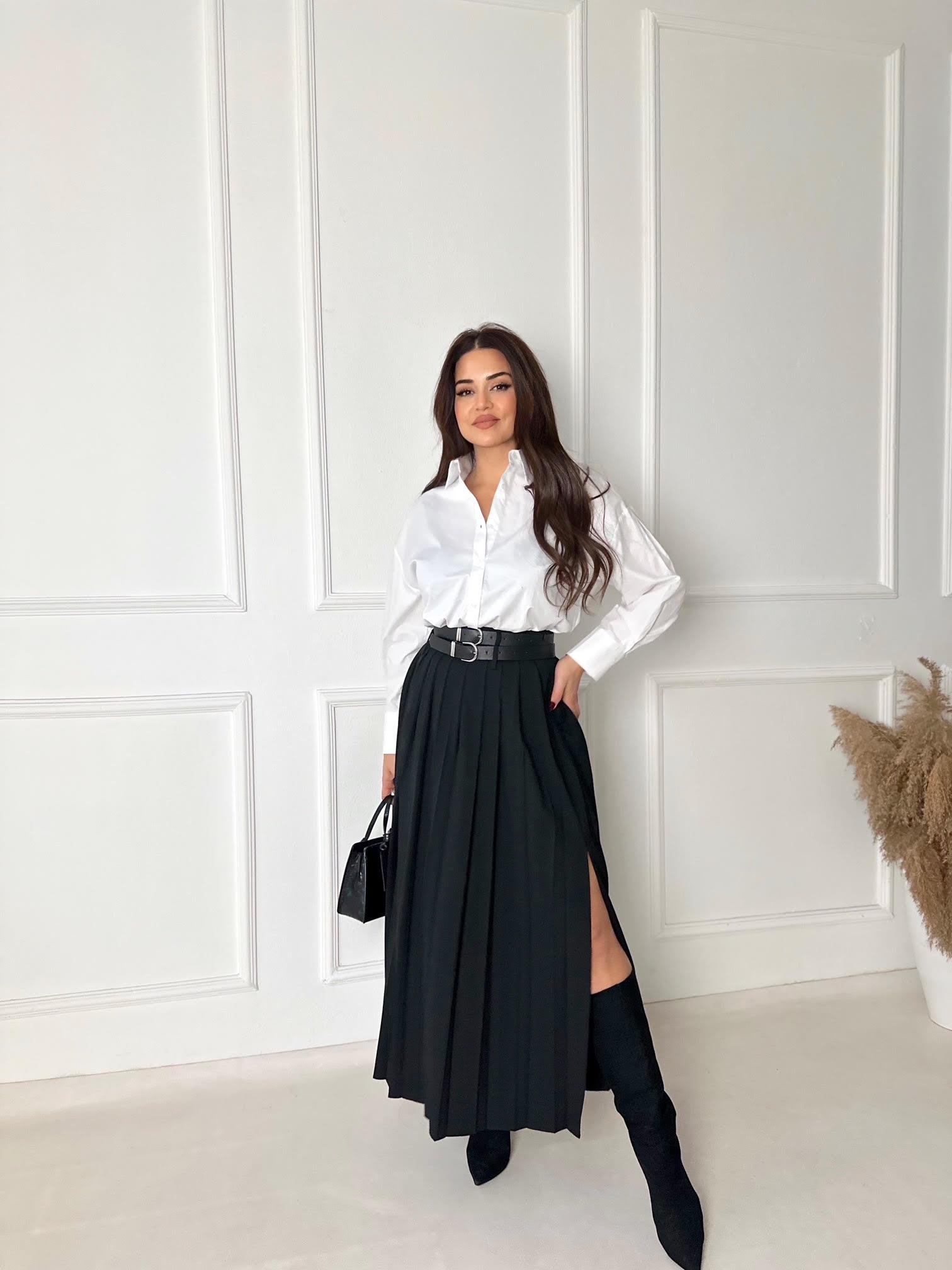 Premium Kalite Çift Kemerli Siyah Maksi Pileli Etek