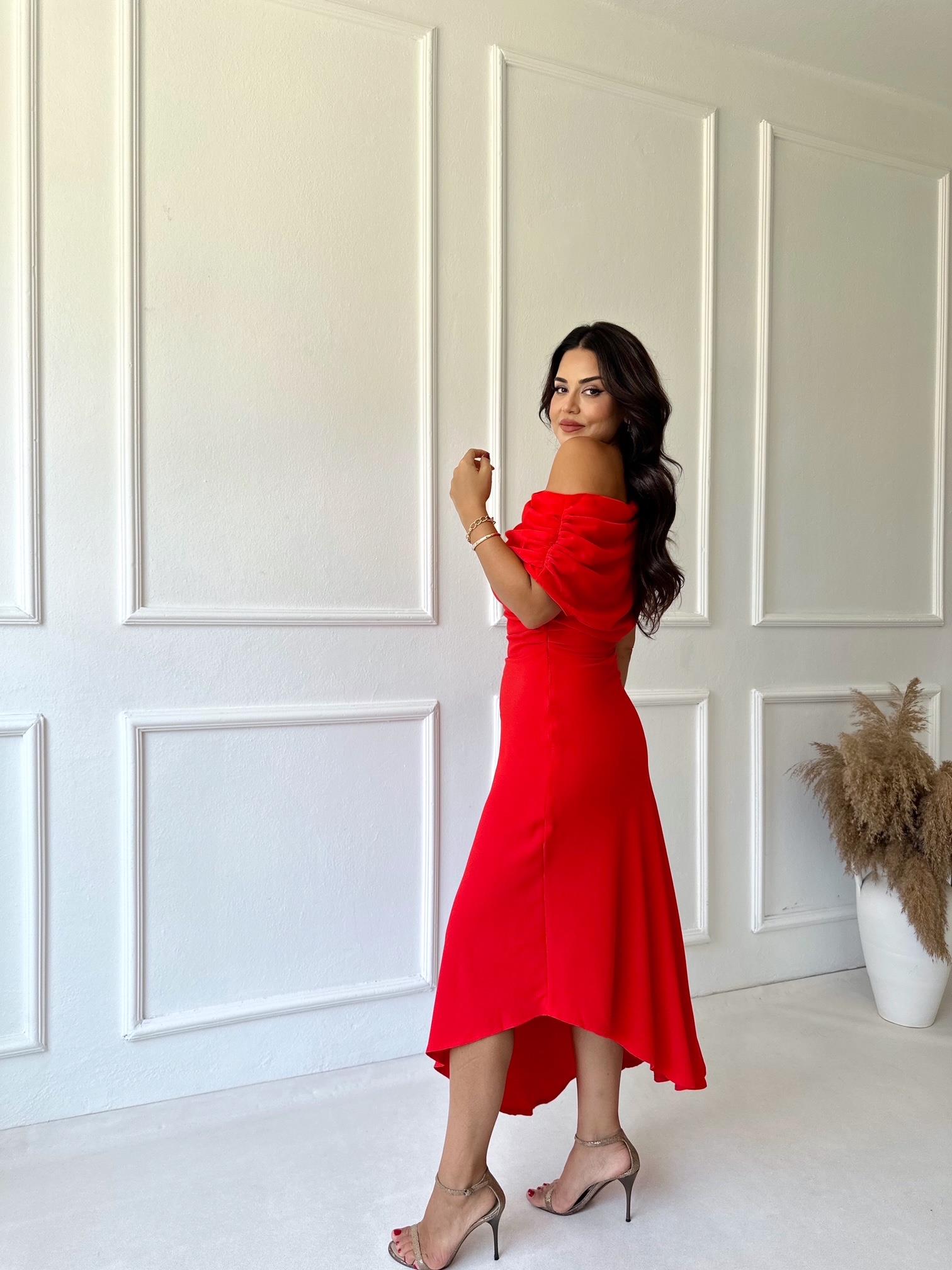 Premium Kalite Düşük Omuzlu Asimetrik Etek Maksi Elbise- Nar Çiçeği · 4