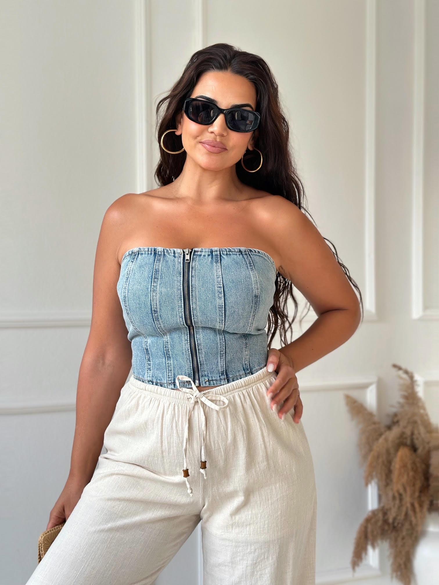 Premium Kalite Fermuarlı Straplez Denim Bluz 