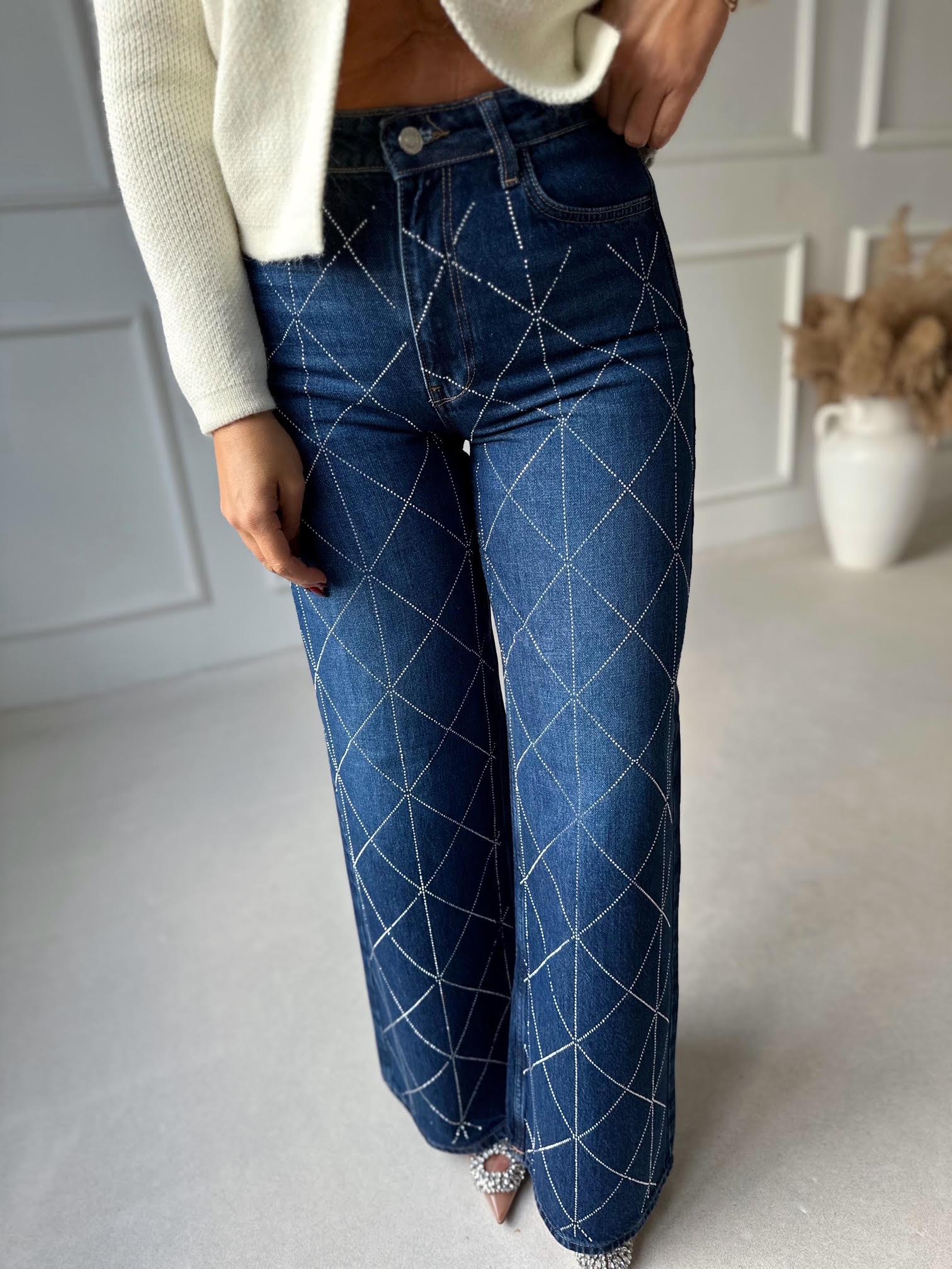 Premium Kalite Geometrik Taş İşlemeli Yüksek Bel Wide Leg Denim Pantolon · 12