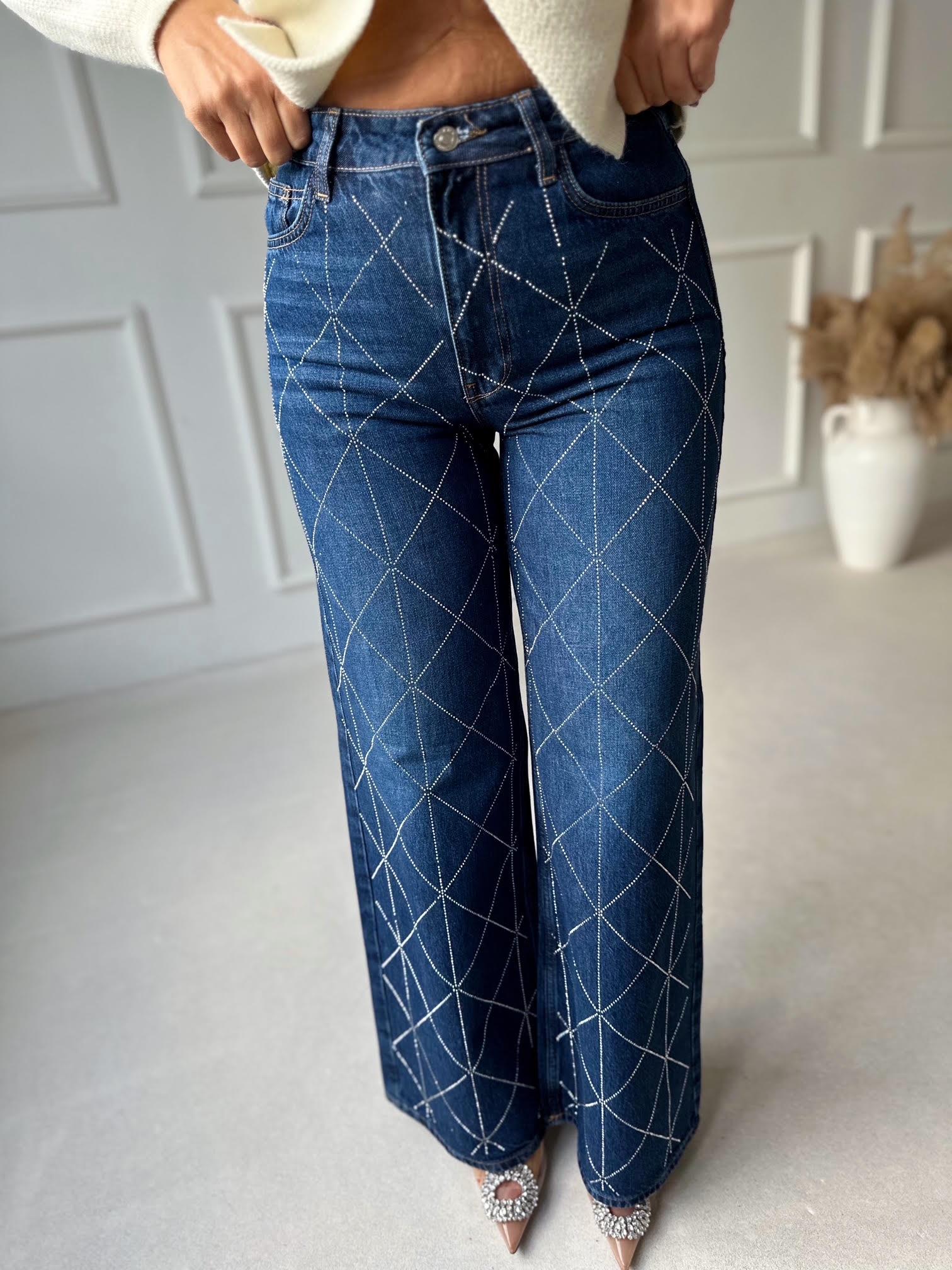Premium Kalite Geometrik Taş İşlemeli Yüksek Bel Wide Leg Denim Pantolon · 11