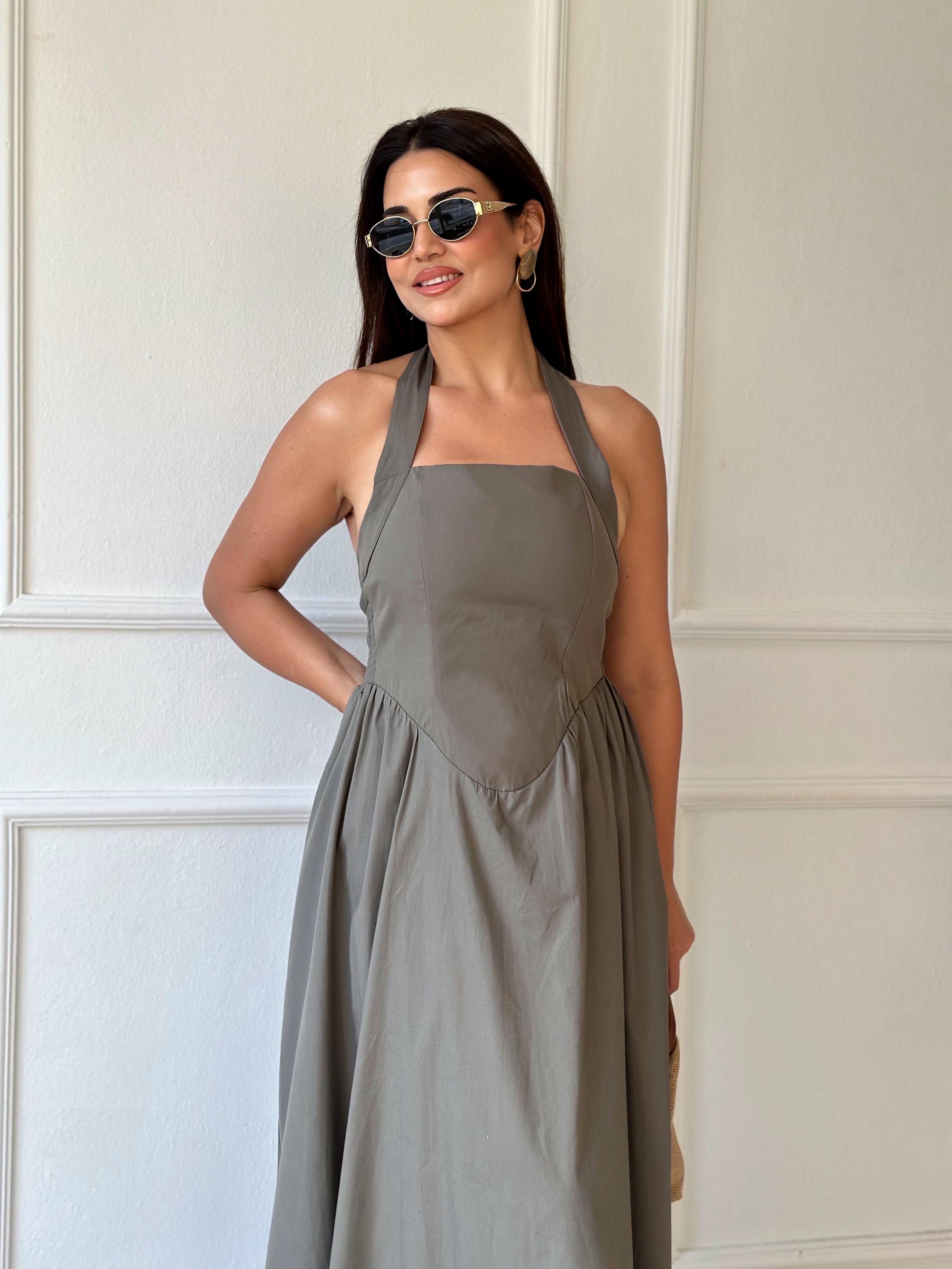 Premium Kalite Halter Yaka Maksi Elbise Haki