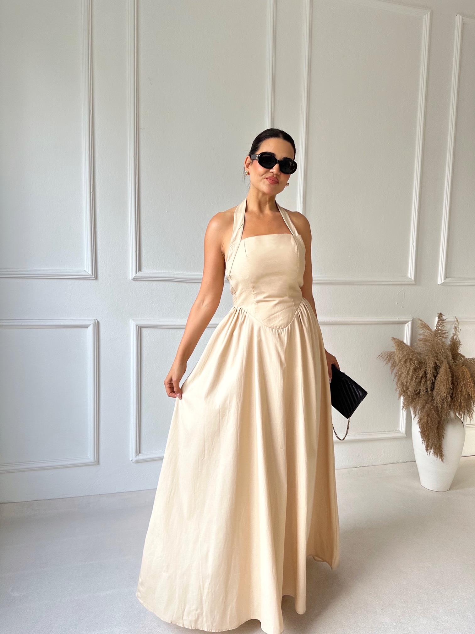 Premium Kalite Halter Yaka Maksi Elbise Butter Yellow