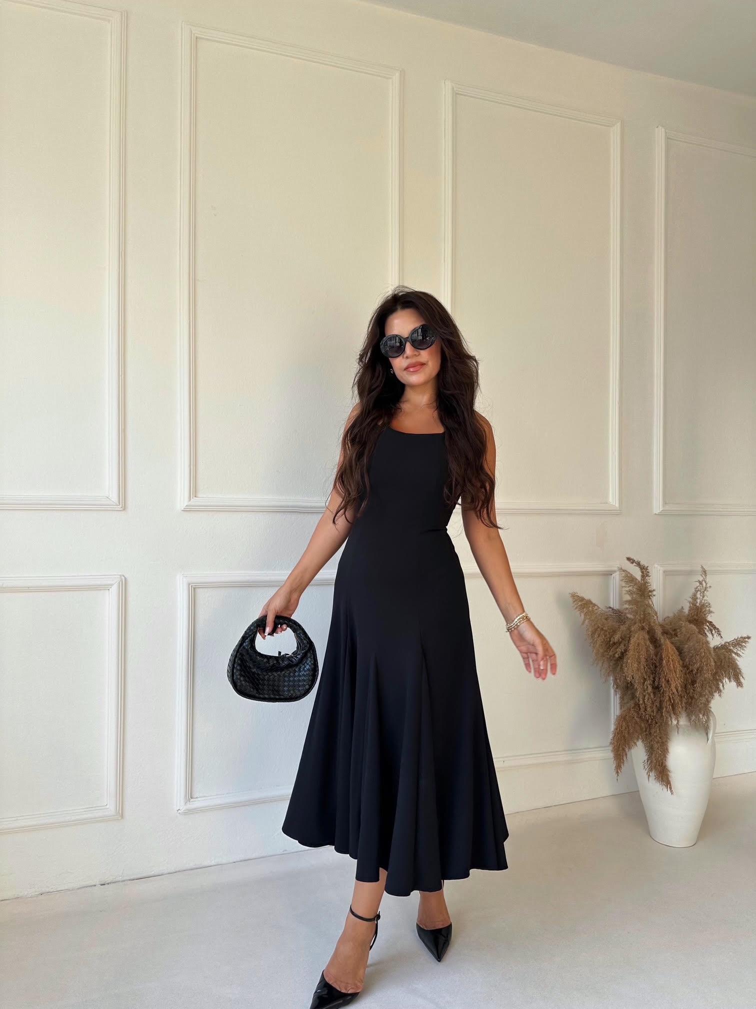 Premium Kalite Kare Yaka Kloş Etek Midi Elbise