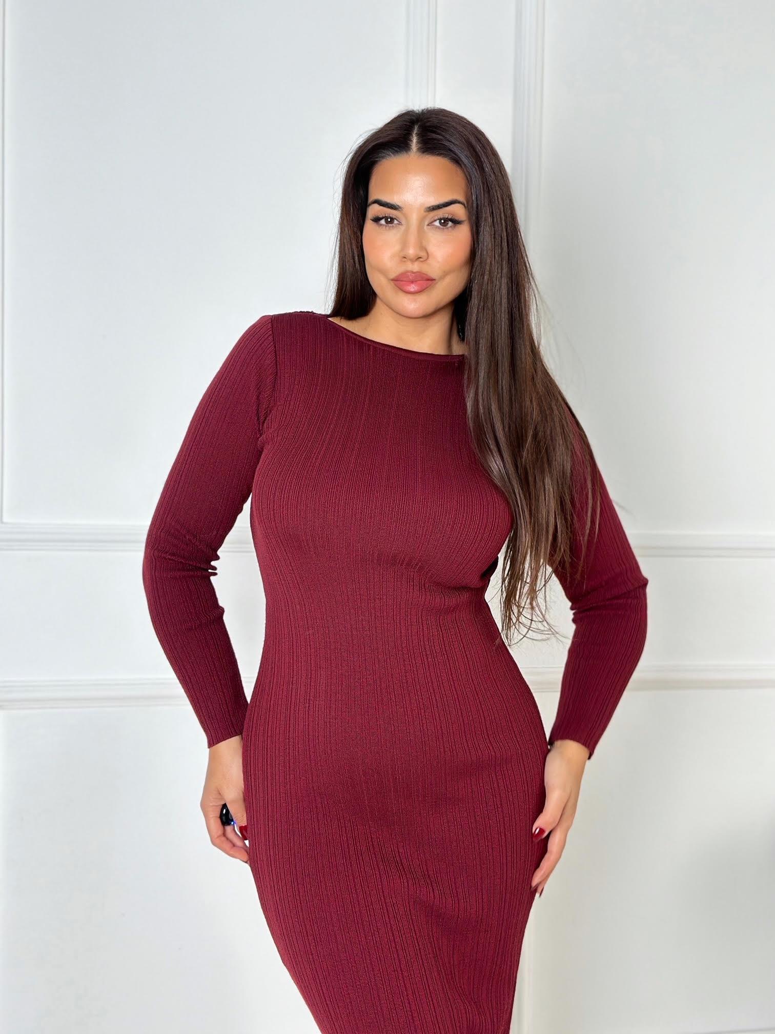 Premium Kalite Kayık Yaka Bordo Midi Triko Elbise | Nora Butik · 3