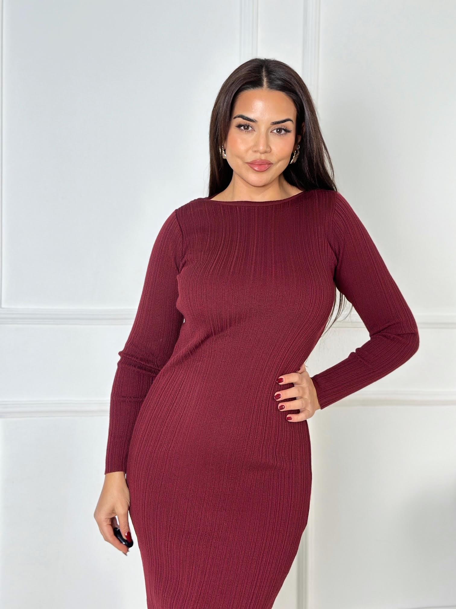 Premium Kalite Kayık Yaka Bordo Midi Triko Elbise | Nora Butik · 4