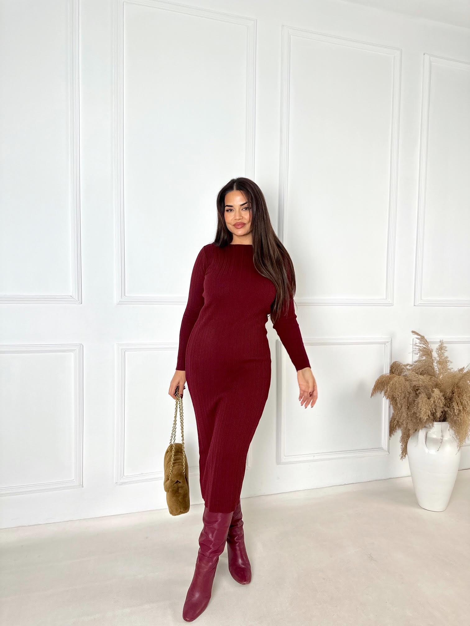 Premium Kalite Kayık Yaka Bordo Midi Triko Elbise | Nora Butik · 9