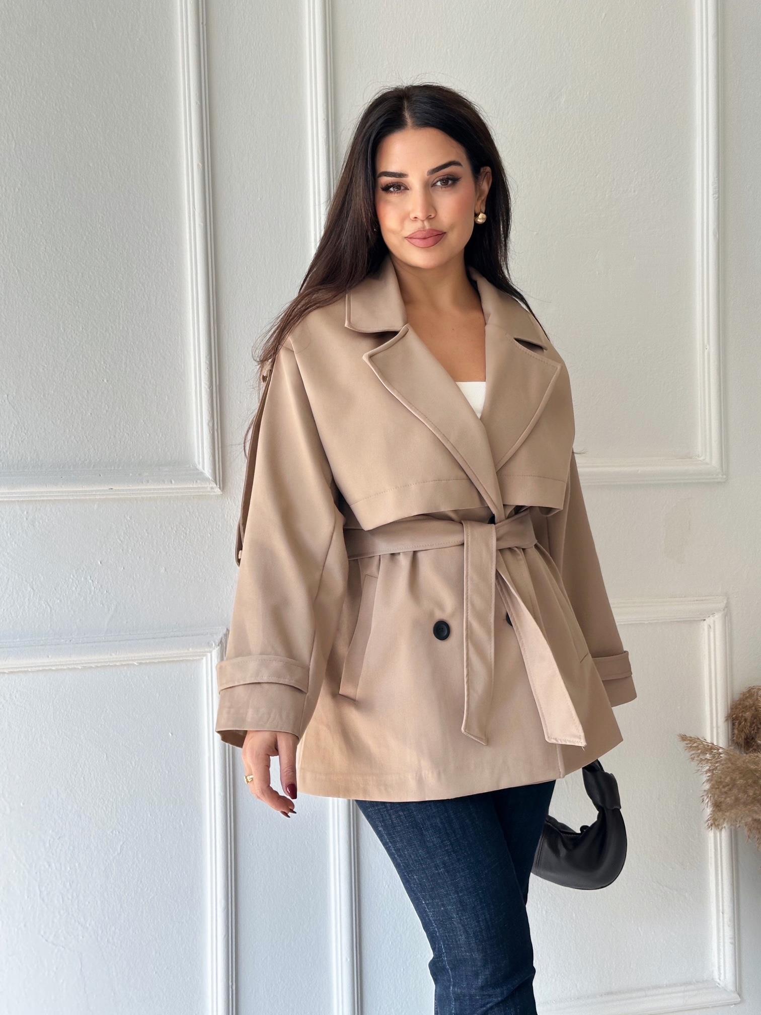 Premium Kalite Kısa Kuşaklı Trenchcoat – Bej · 3