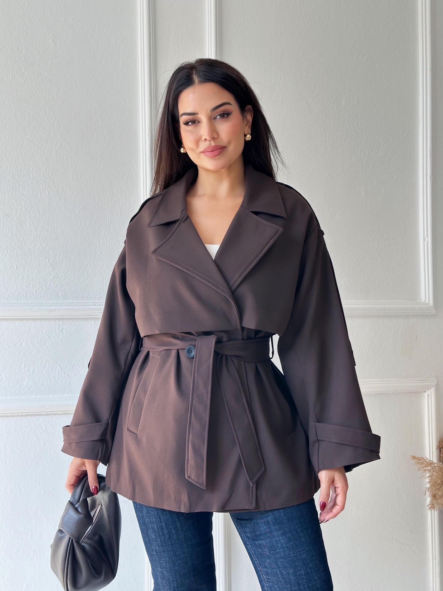 Premium Kalite Kısa Kuşaklı Trenchcoat – Acı Kahve
