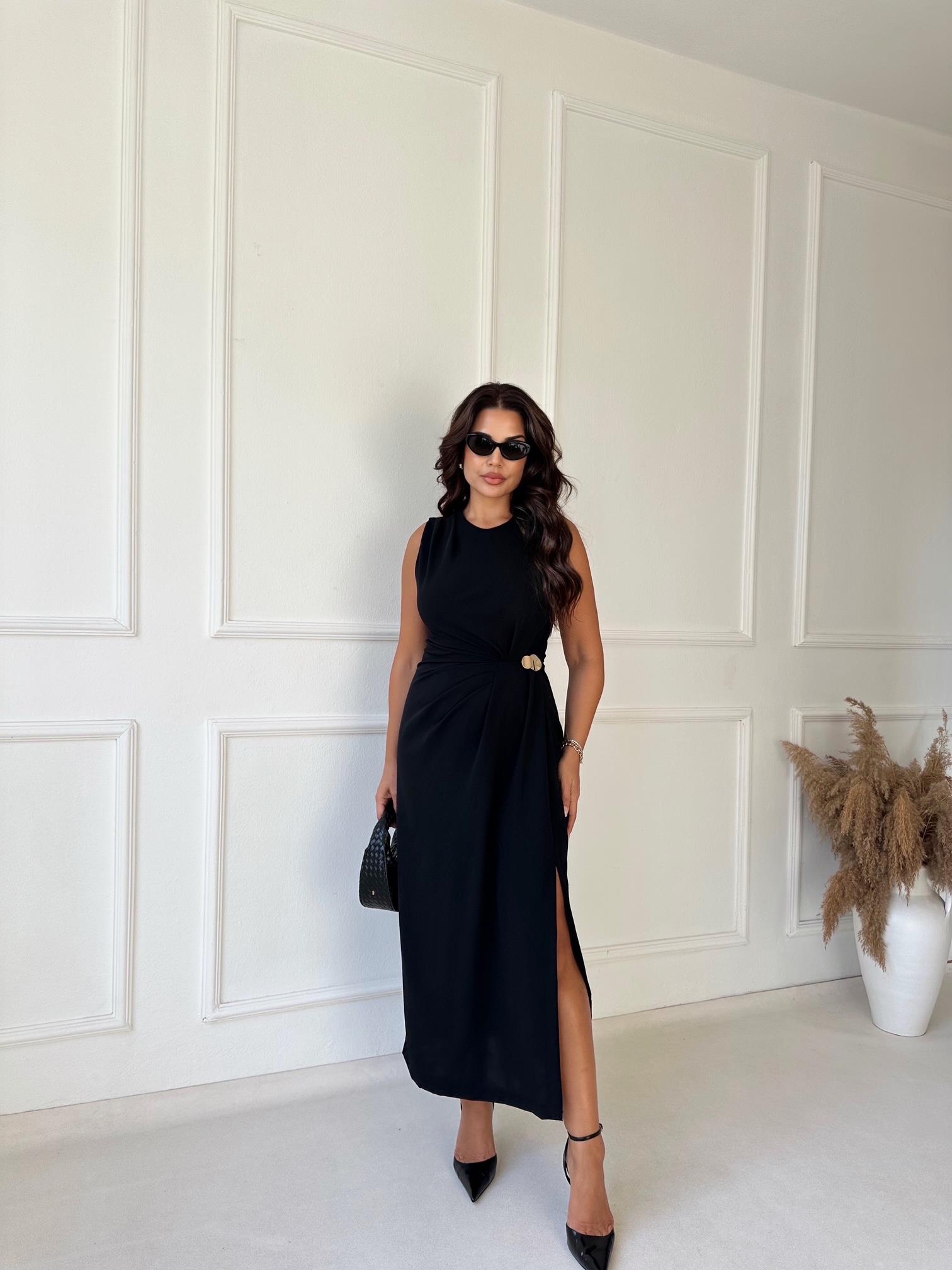 Premium Kalite Kolsuz Drape Detaylı Midi Elbise - Siyah