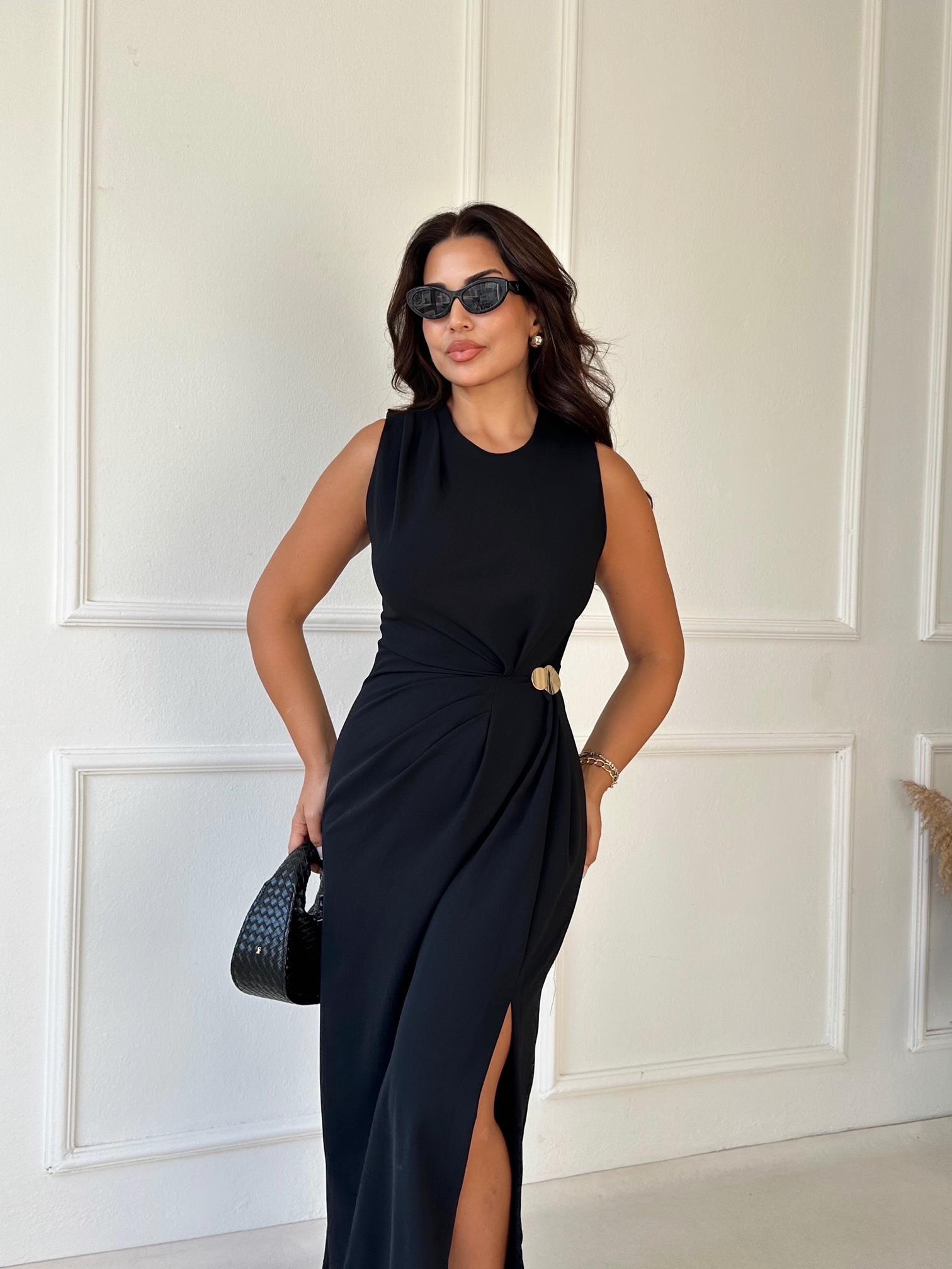 Premium Kalite Kolsuz Drape Detaylı Midi Elbise - Siyah · 4