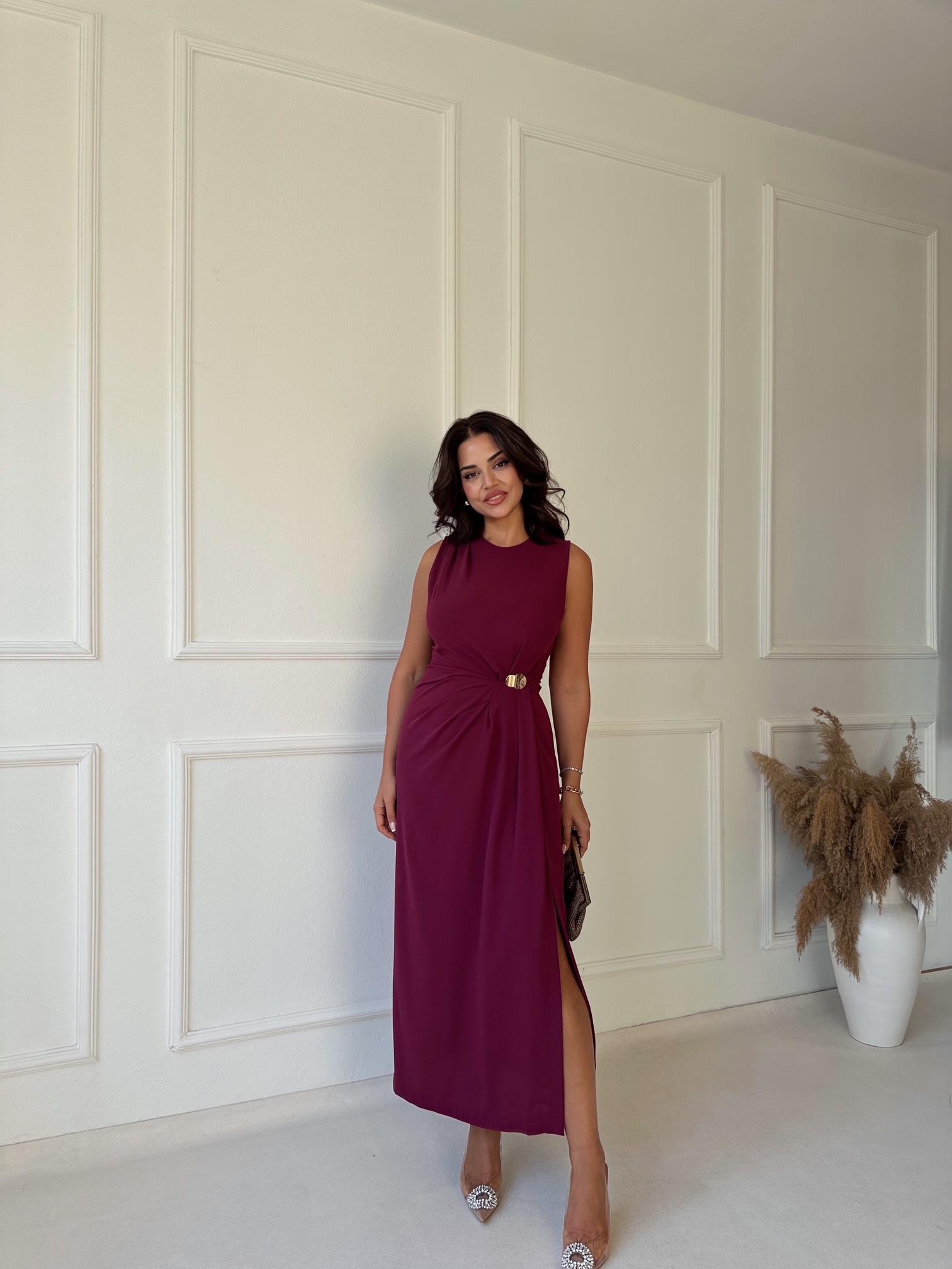 Premium Kalite Kolsuz Drape Detaylı Midi Elbise - Vişne