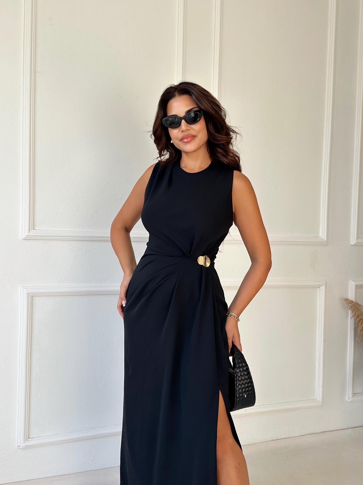 Premium Kalite Kolsuz Drape Detaylı Midi Elbise - Siyah · 3