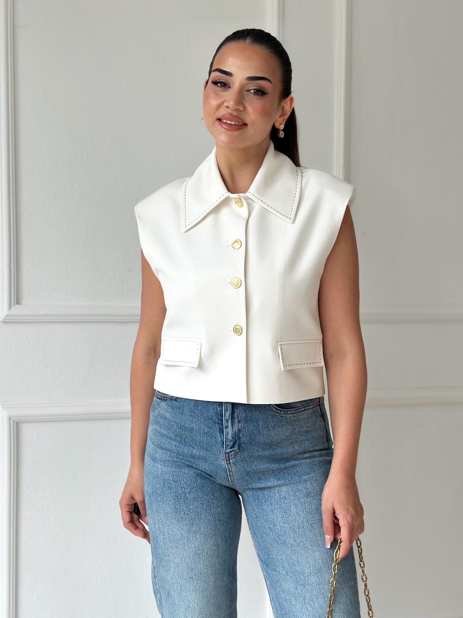 Premium Kalite Kontrast Dikiş Detaylı Yelek-Beyaz