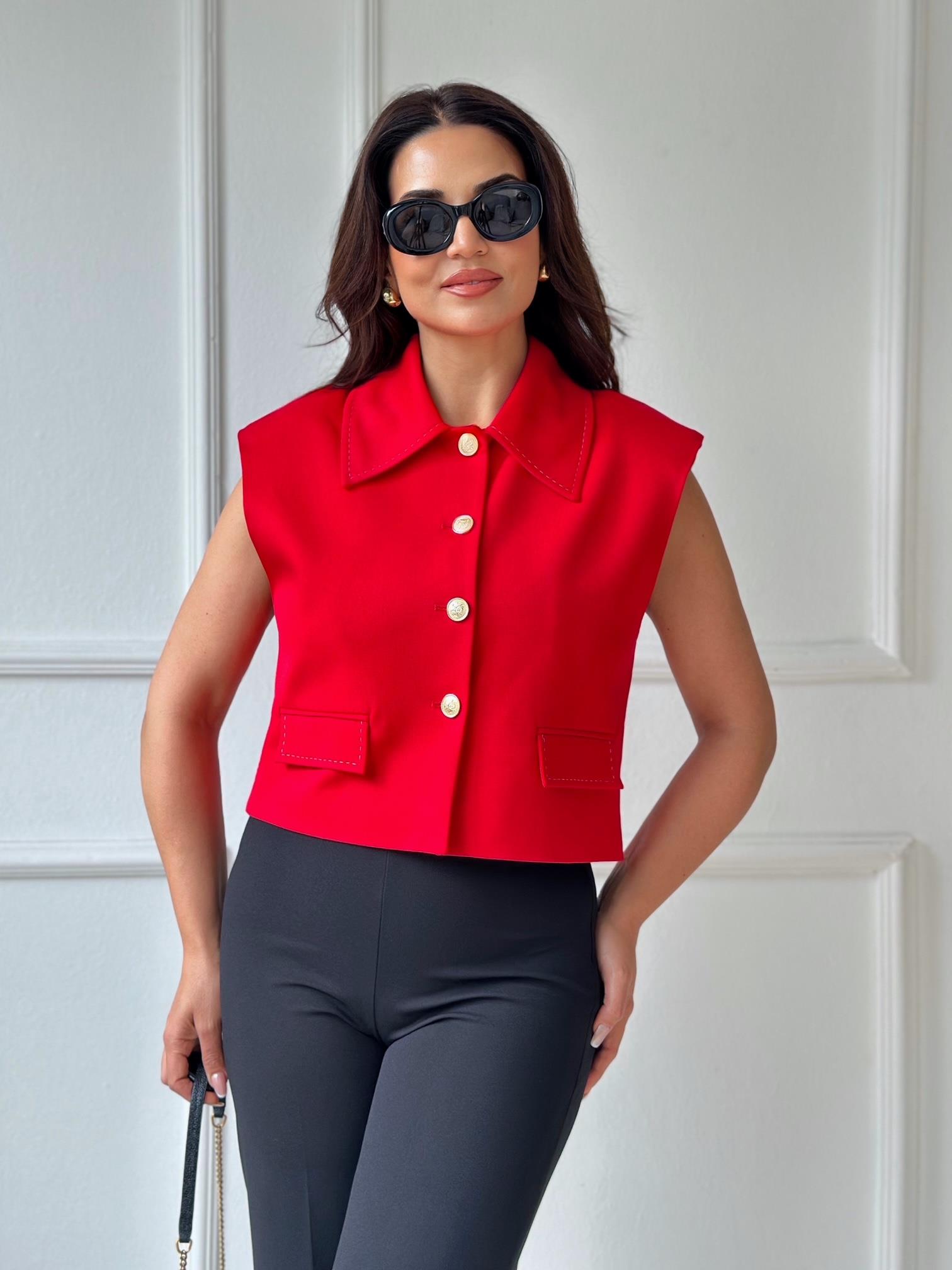 Premium Kalite Kontrast Dikiş Detaylı Yelek-Kırmızı