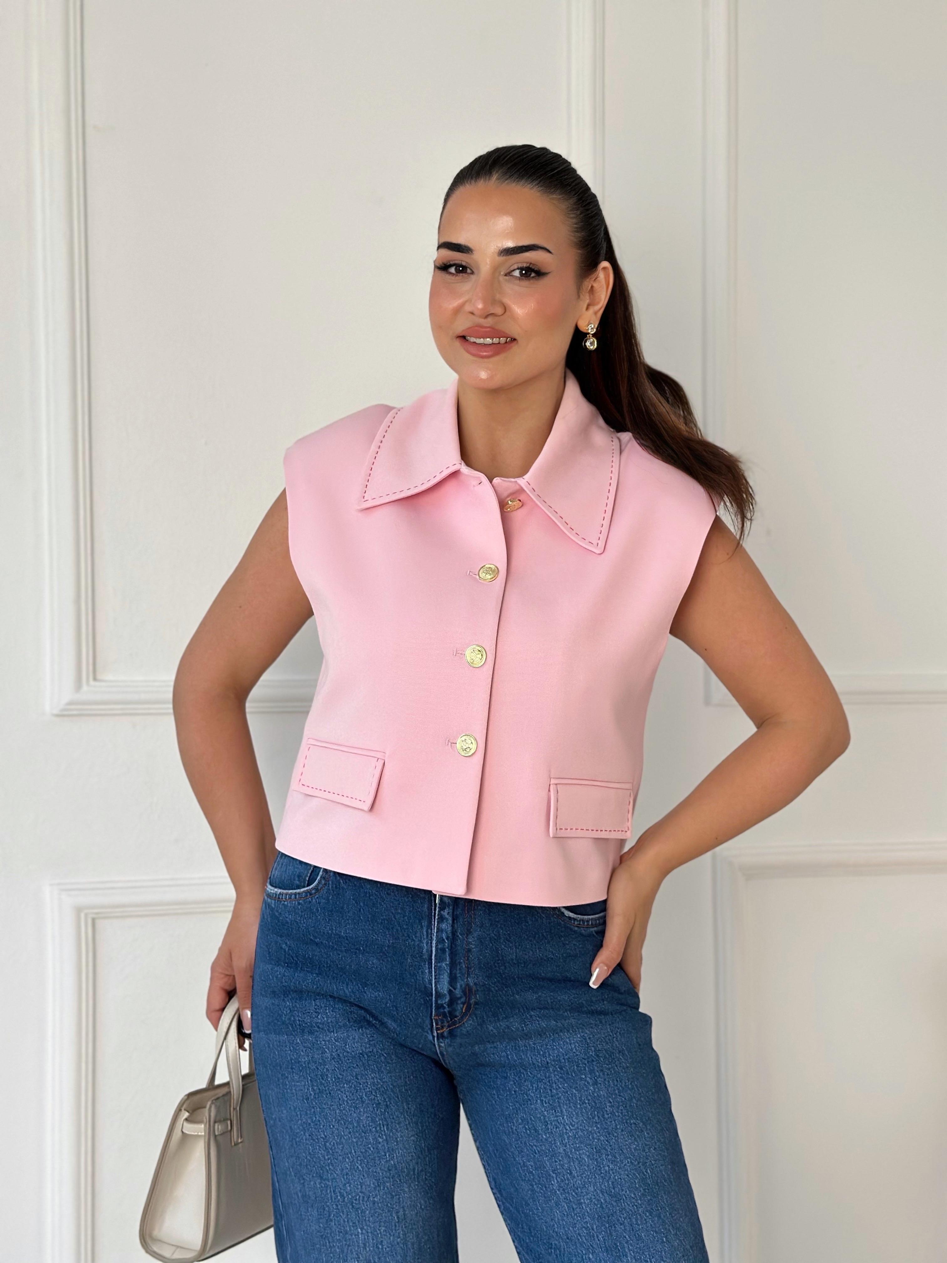 Premium Kalite Kontrast Dikiş Detaylı Yelek-Pembe