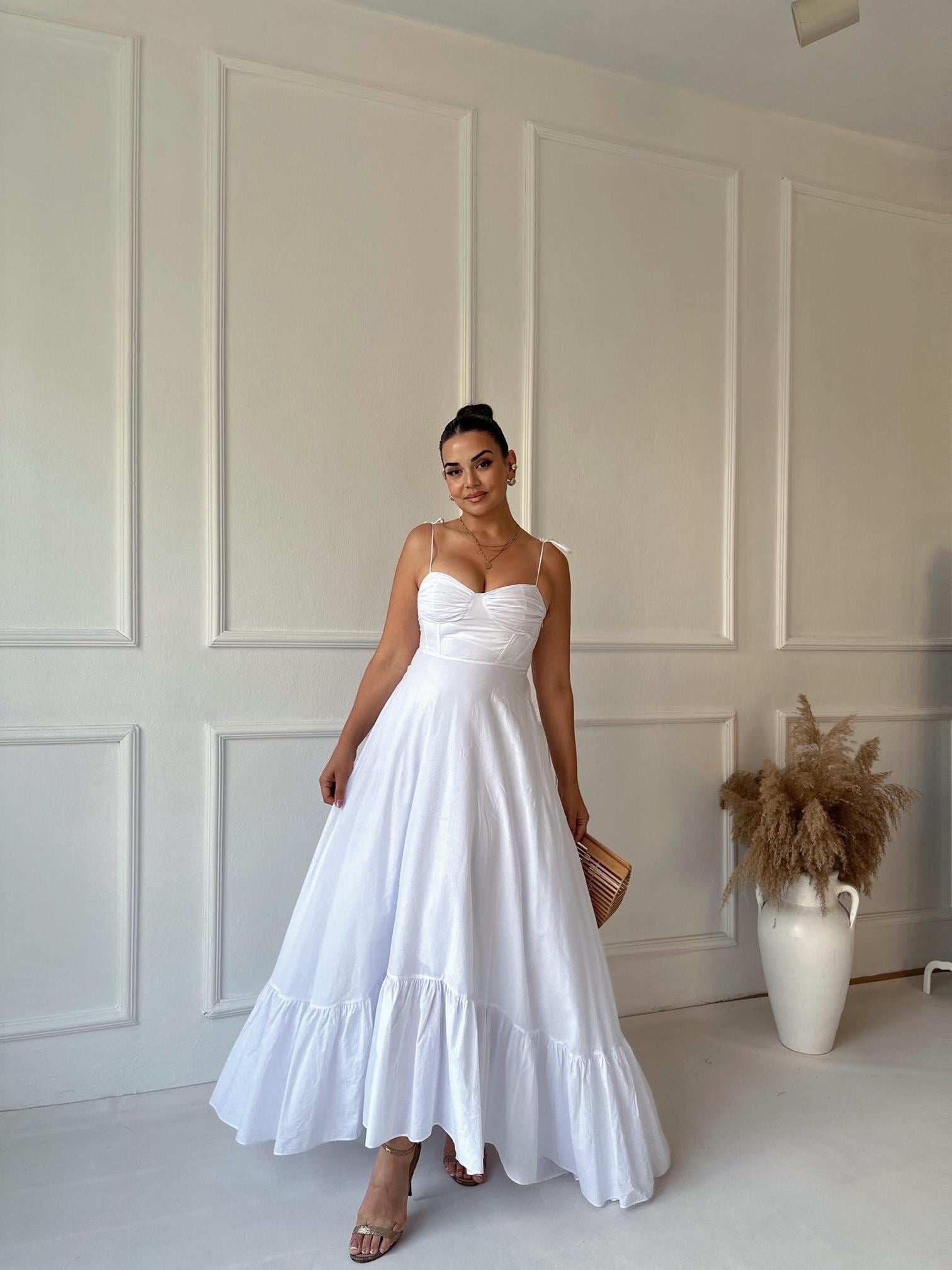 Premium Kalite Korse Detaylı Fırfırlı Poplin Beyaz Elbise