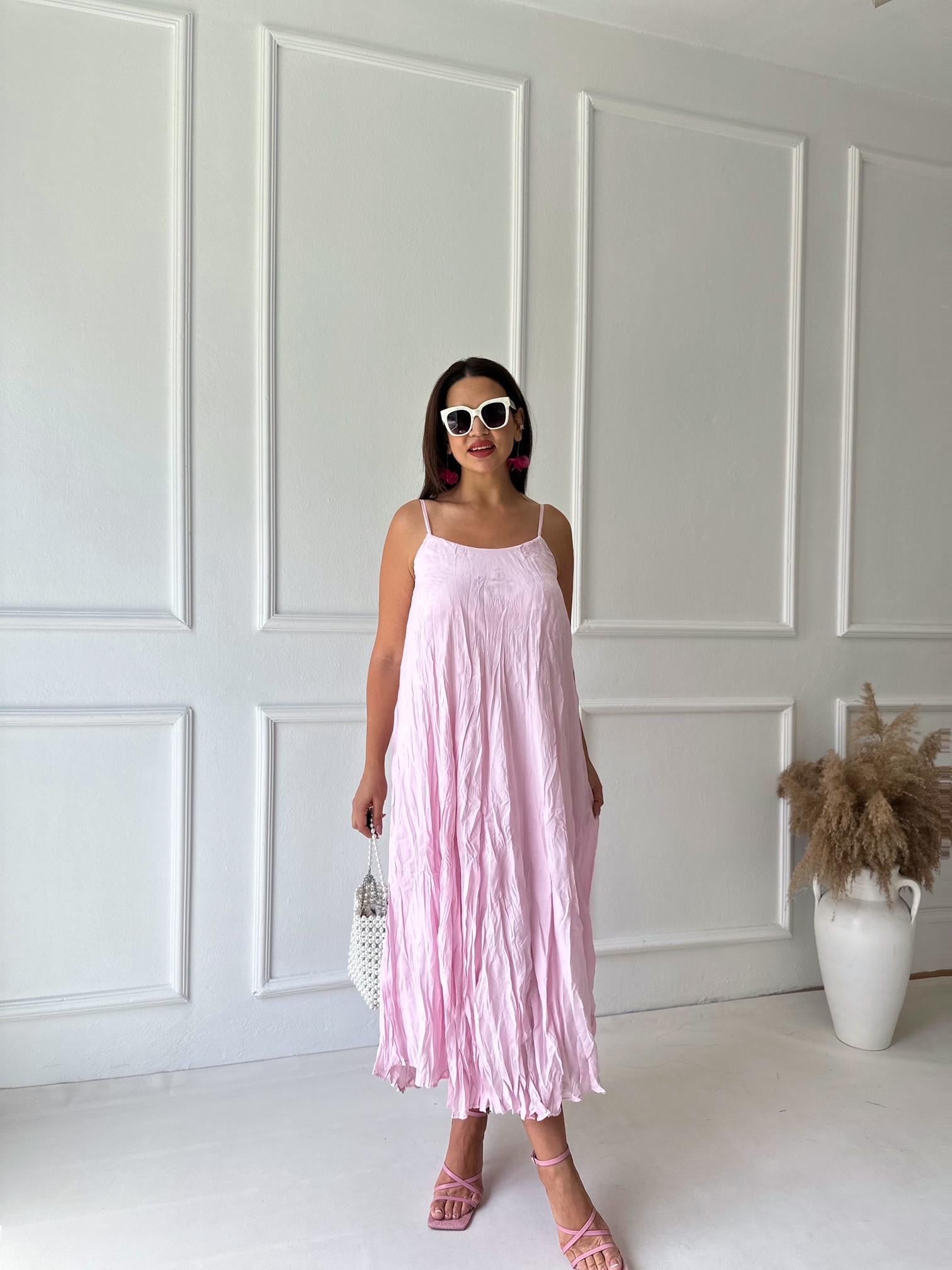 Premium Kalite Krinkıl Pamuklu Kumaş Askılı Elbise Pembe