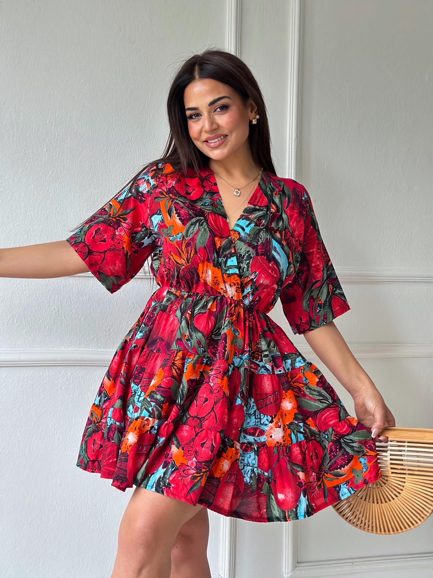 Premium Kalite Kruvaze Desenli Mini Elbise - Kırmızı