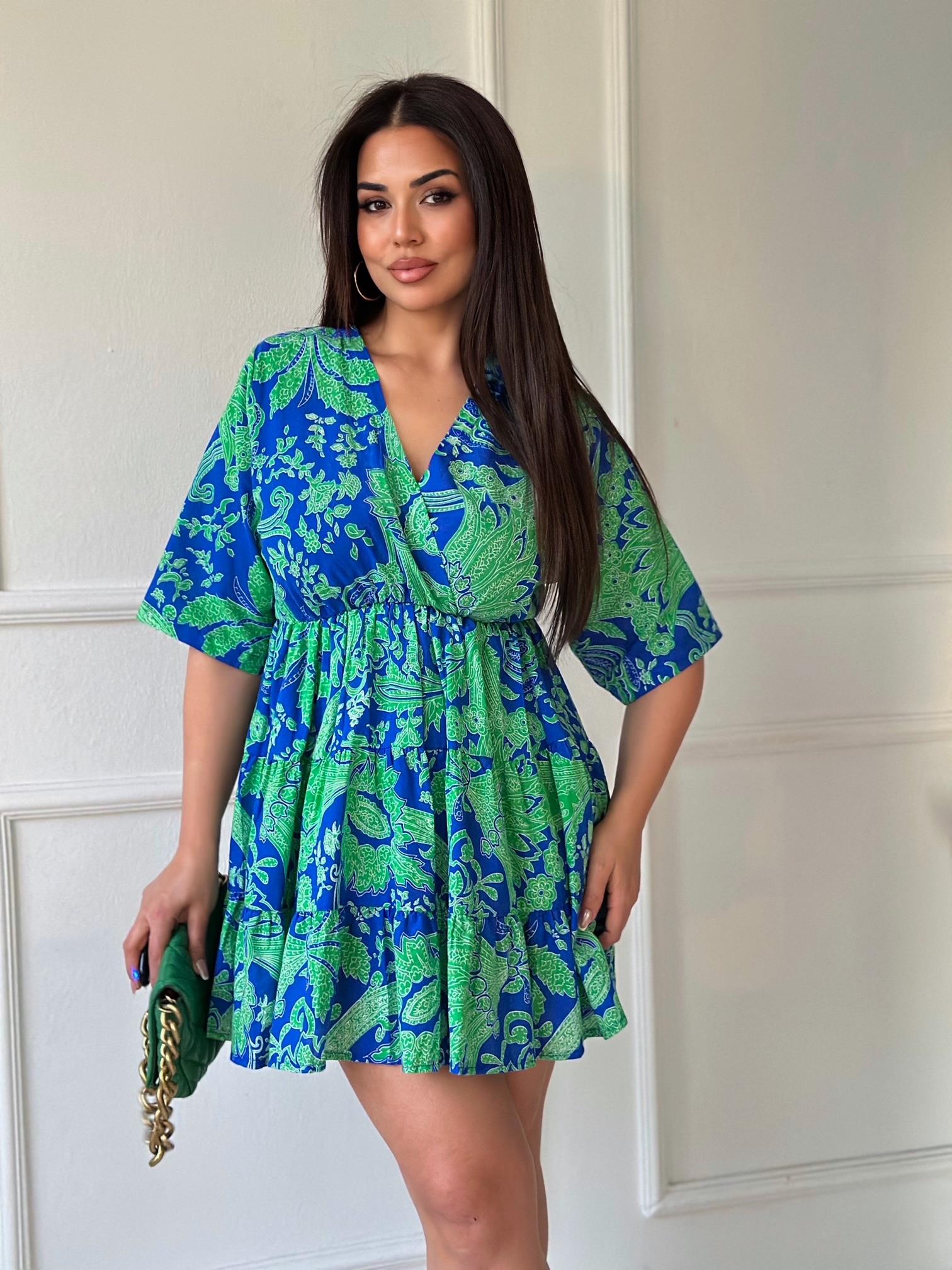 Premium Kalite Kruvaze Desenli Mini Elbise - Mavi