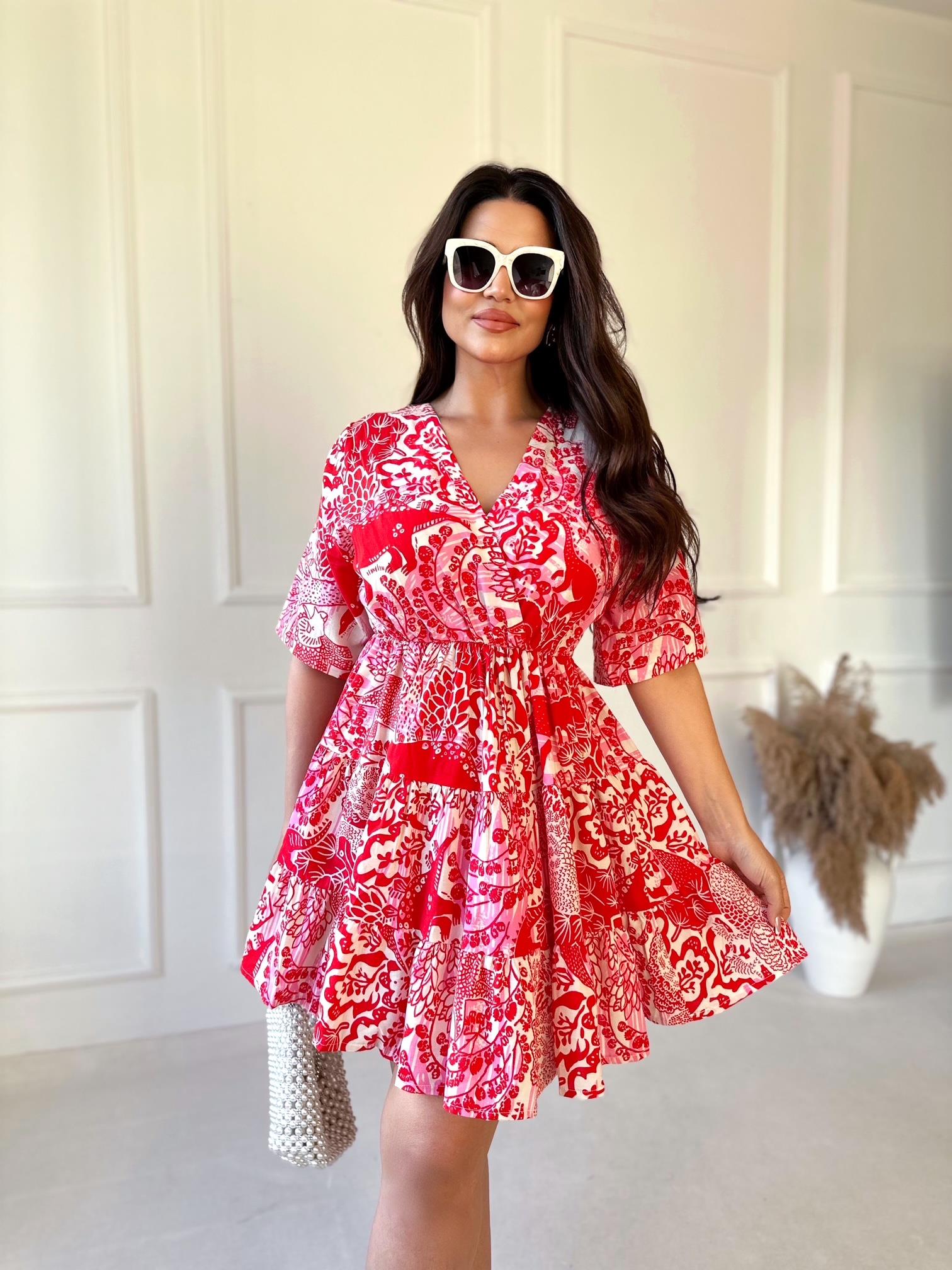 Premium Kalite Kruvaze Desenli Mini Elbise - Pembe