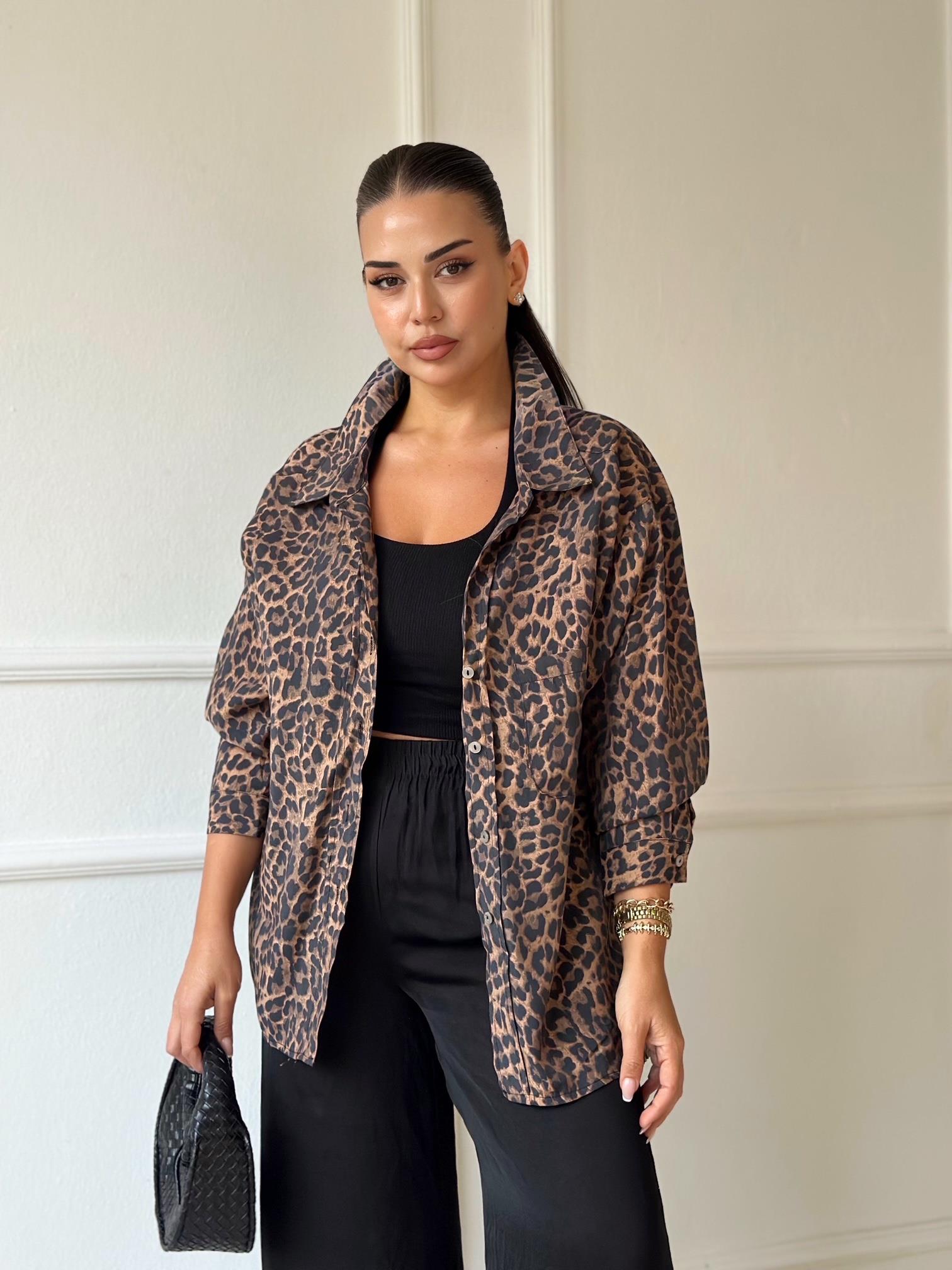 Premium Kalite Leopar Desen Tensel Gömlek - Nora Butik