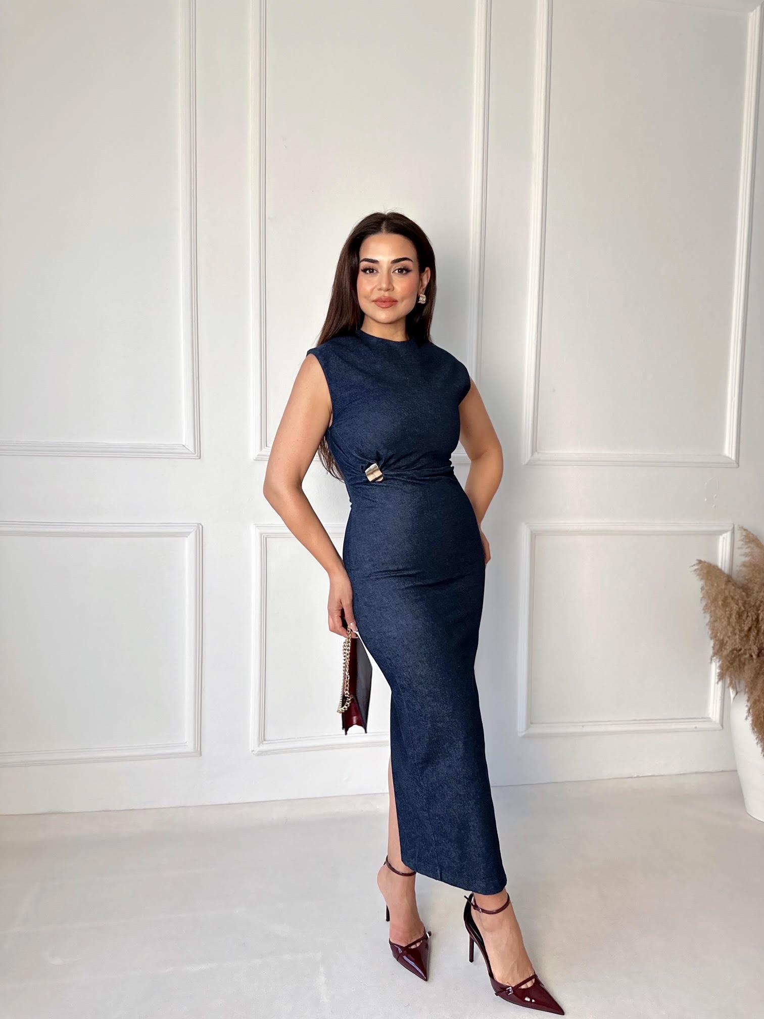Premium Kalite Likralı Kolsuz Midi Denim Elbise