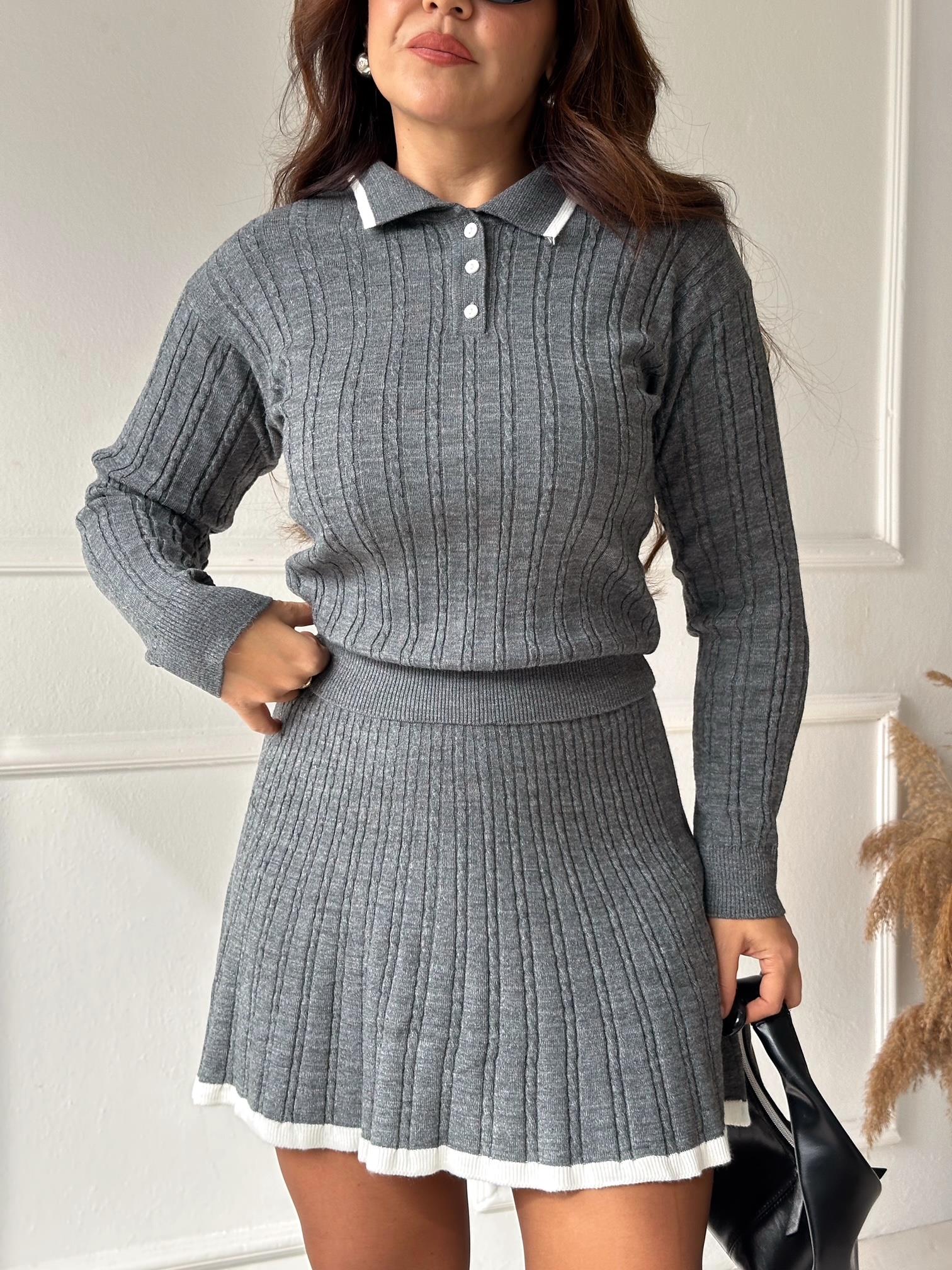 Premium Kalite Örgülü Kazak Ve Etek Triko Takım - Antrasit  | Nora Butik · 7