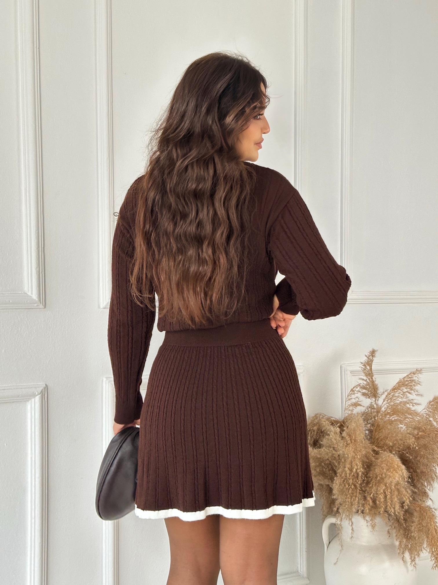 Premium Kalite Örgülü Kazak Ve Etek Triko Takım - Kahve | Nora Butik · 6