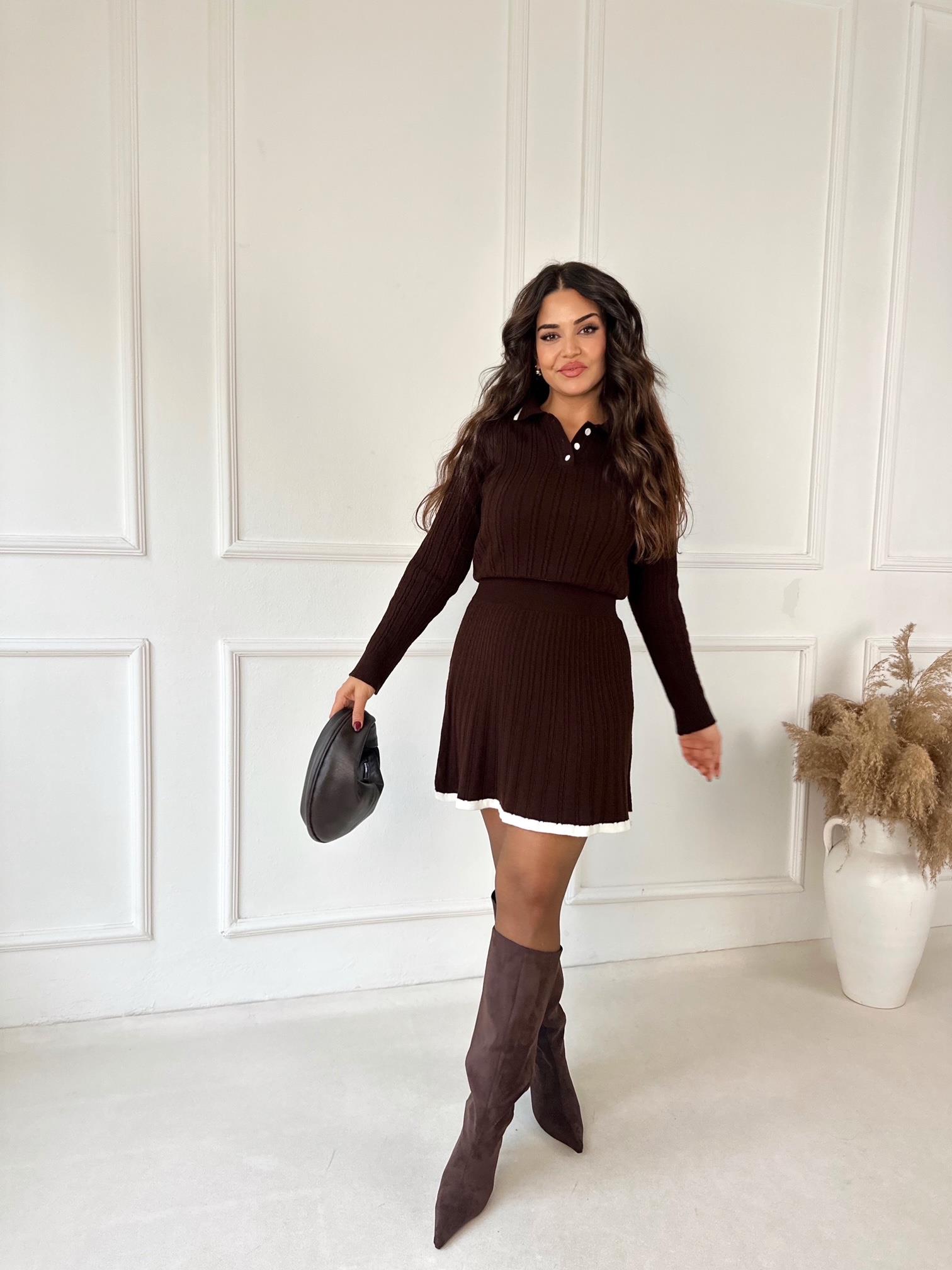 Premium Kalite Örgülü Kazak Ve Etek Triko Takım - Kahve | Nora Butik