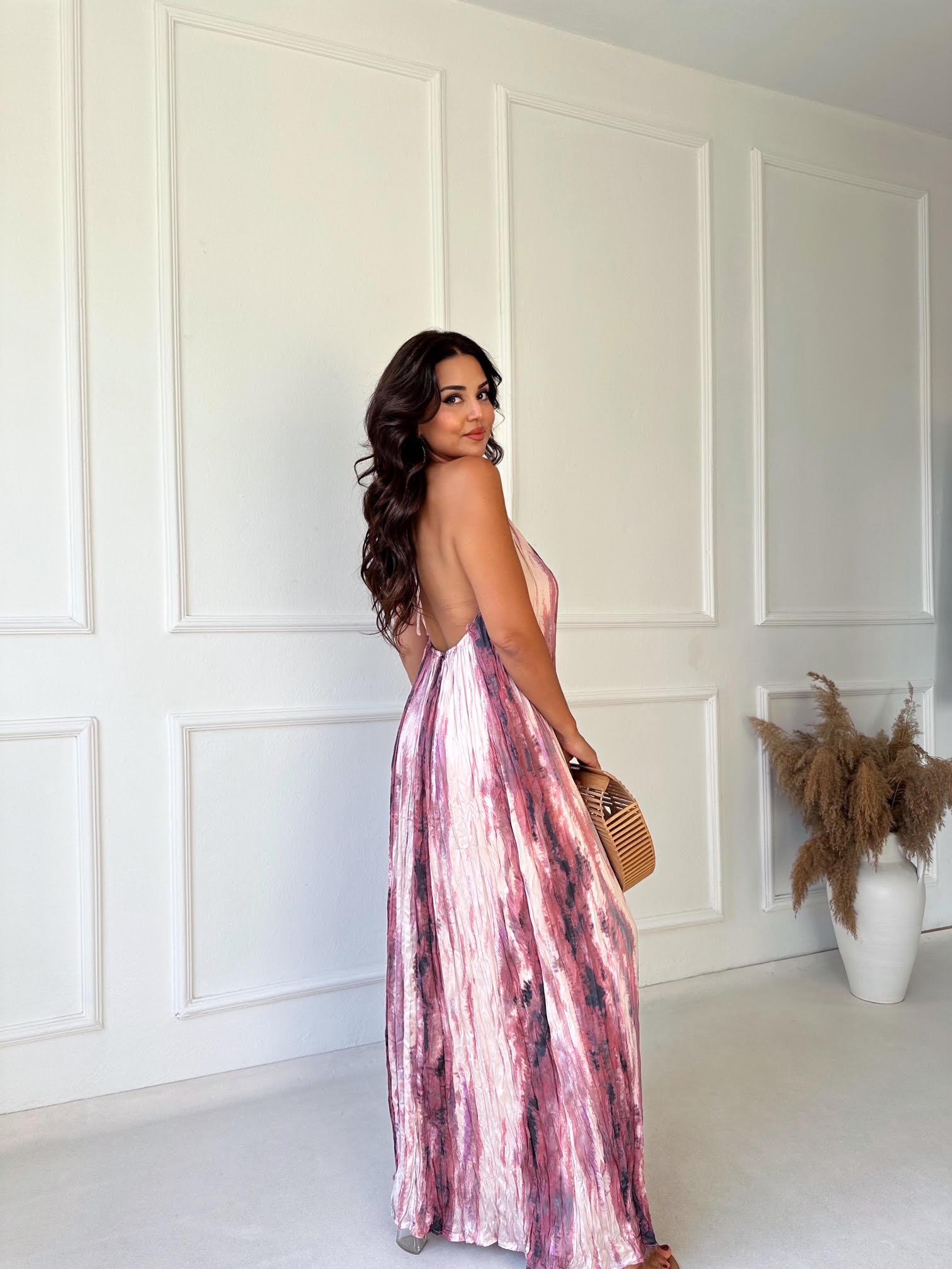 Premium Kalite Pembe Desenli Halter Yaka Saten Maksi Elbise · 3