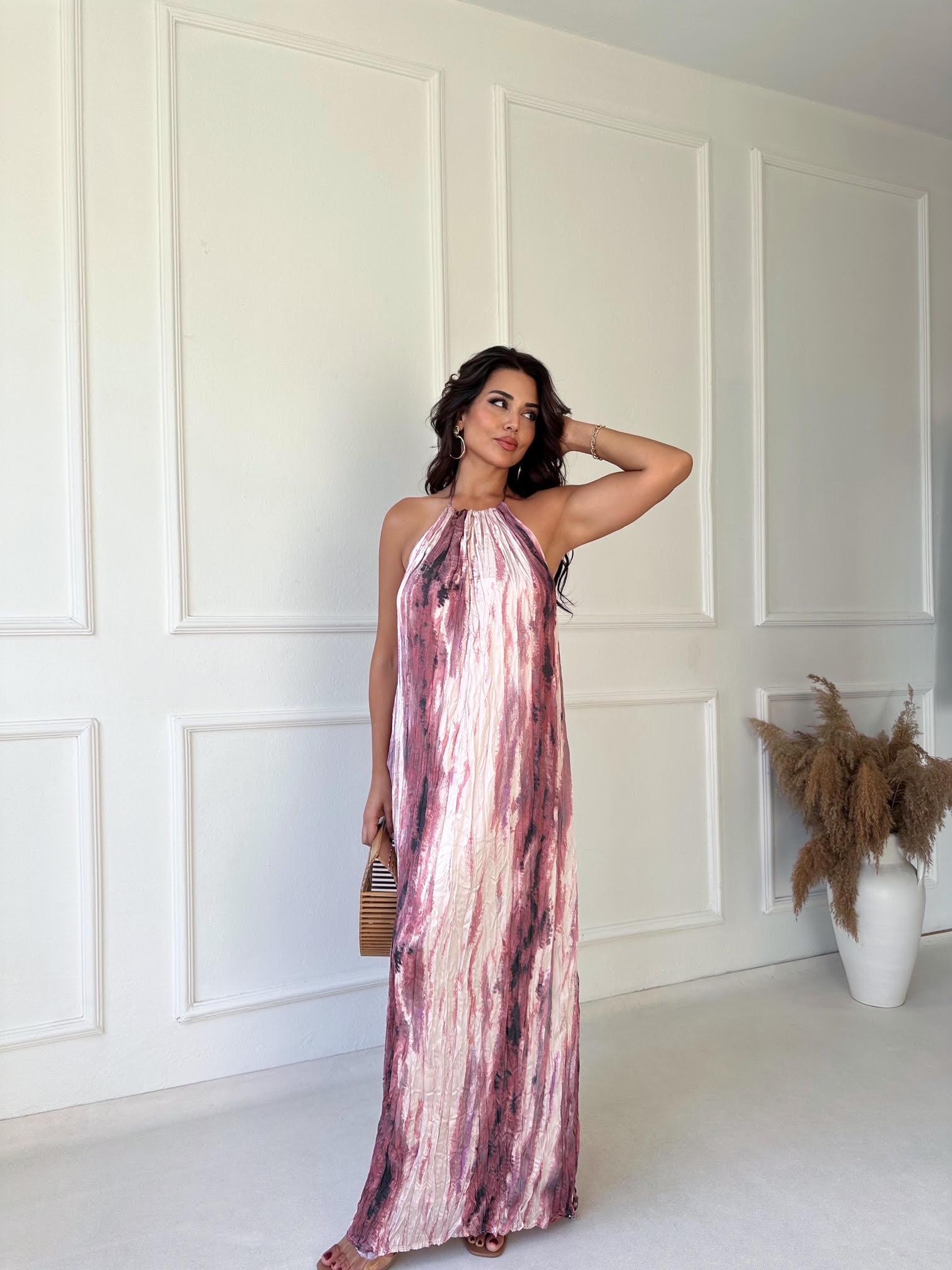 Premium Kalite Pembe Desenli Halter Yaka Saten Maksi Elbise · 5