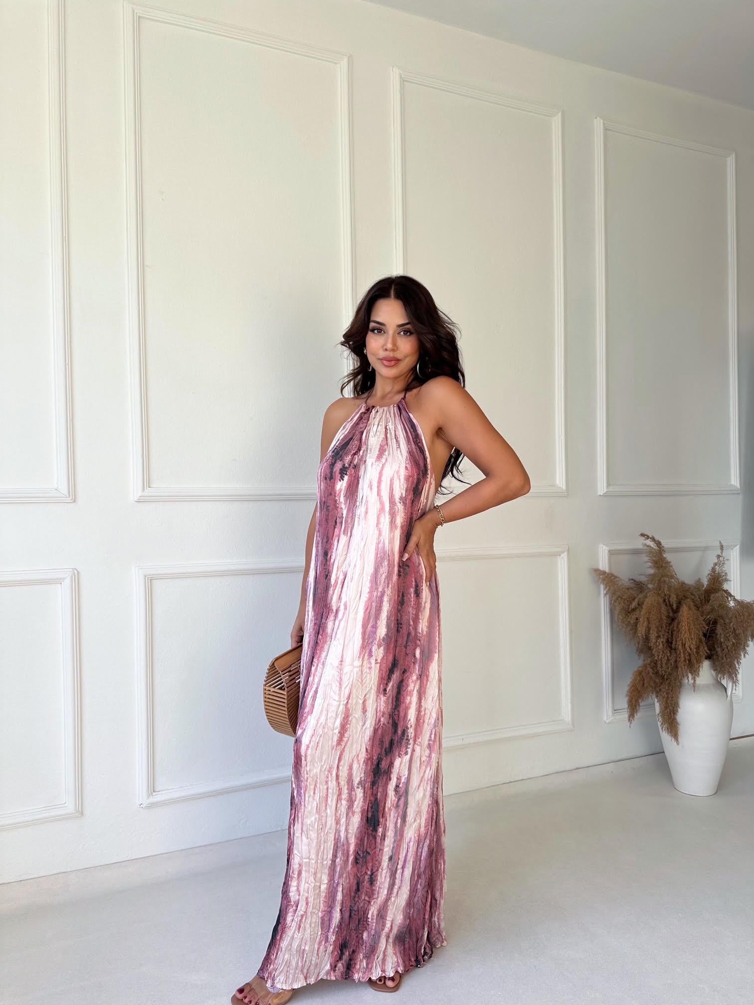 Premium Kalite Pembe Desenli Halter Yaka Saten Maksi Elbise