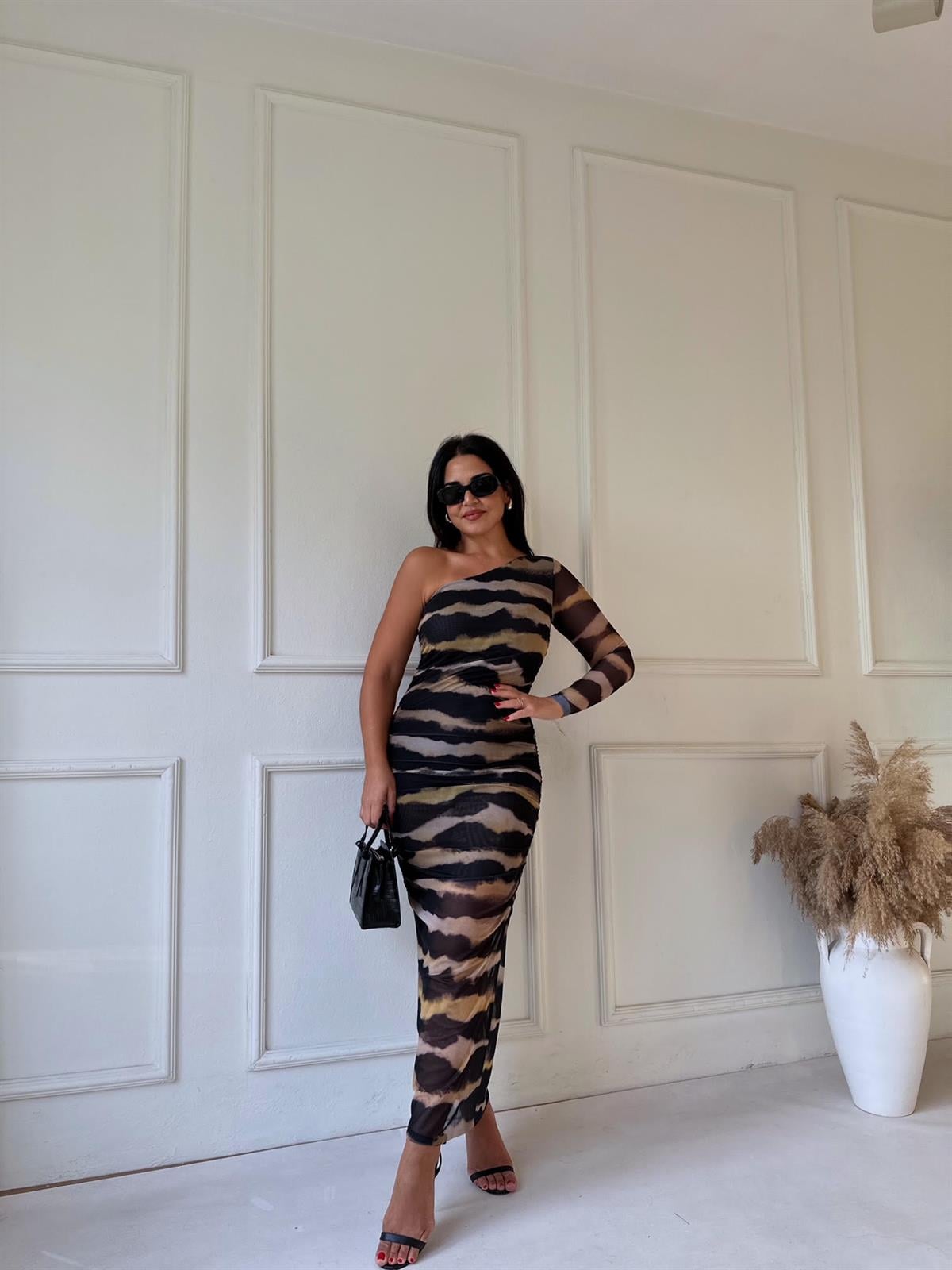 Premium Kalite Tek Kol Batik Maksi Kalem Elbise