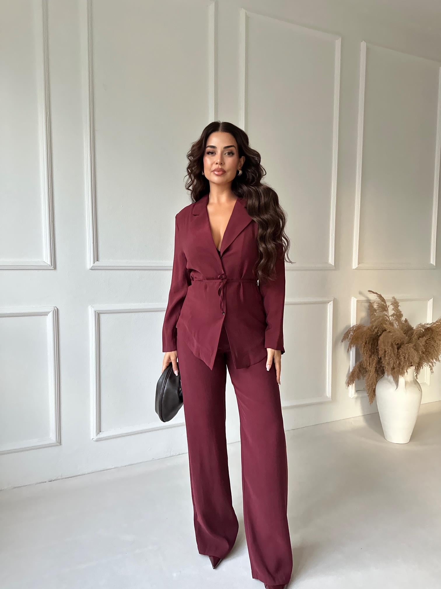 Premium Kalite Tensel Ceket Pantolon Takım - Bordo