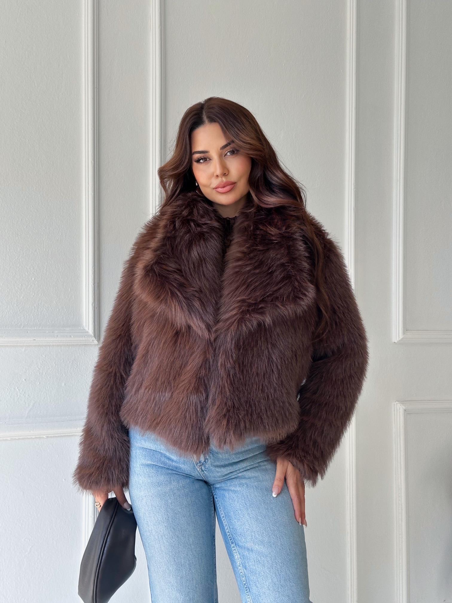 Premium Kalite Yakalı Kürk Mont - Kahve | Nora Butik