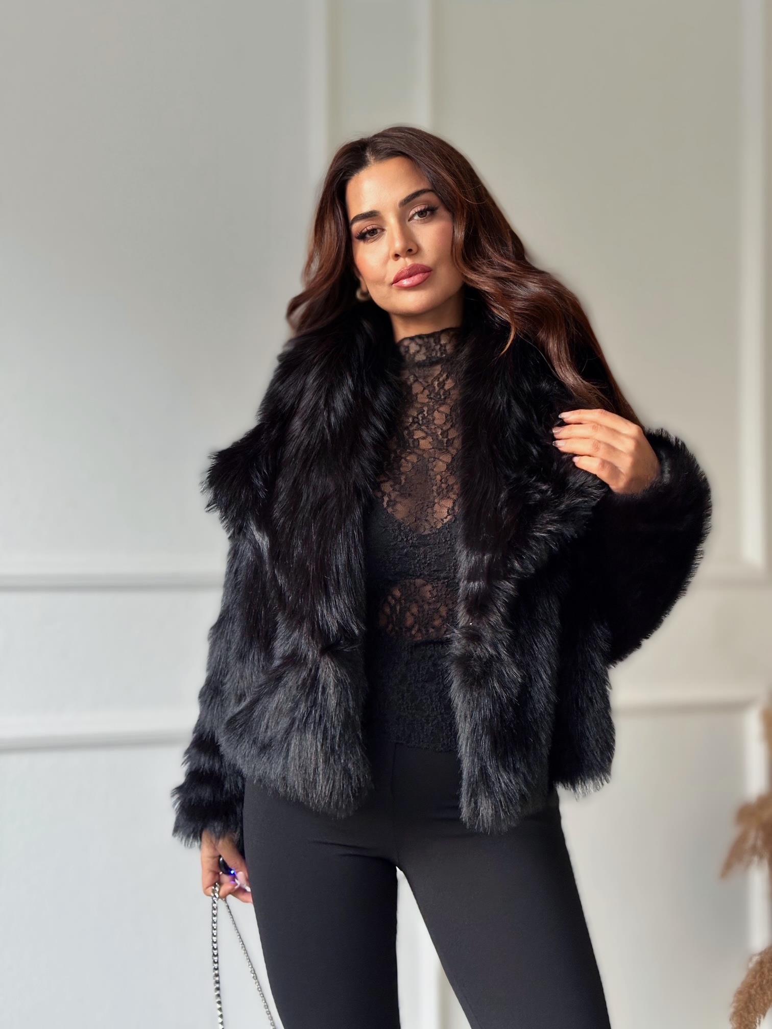 Premium Kalite Yakalı Kürk Mont - Siyah | Nora Butik · 2