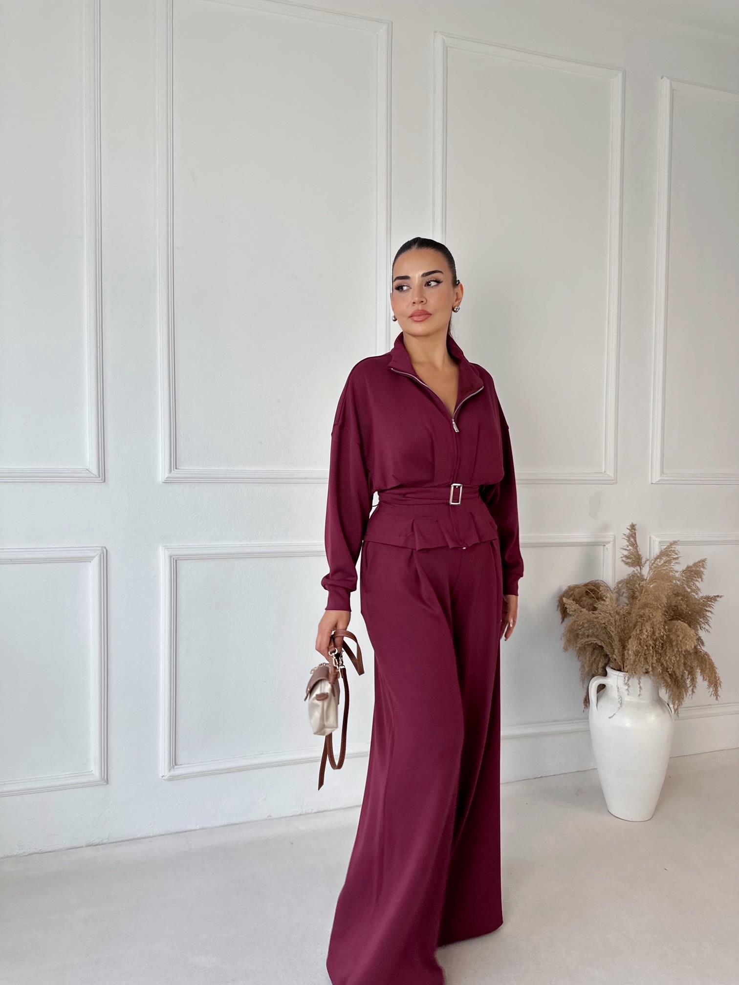 Premium Oysho Kumaş Kemerli İkili Takım – Bordo · 4
